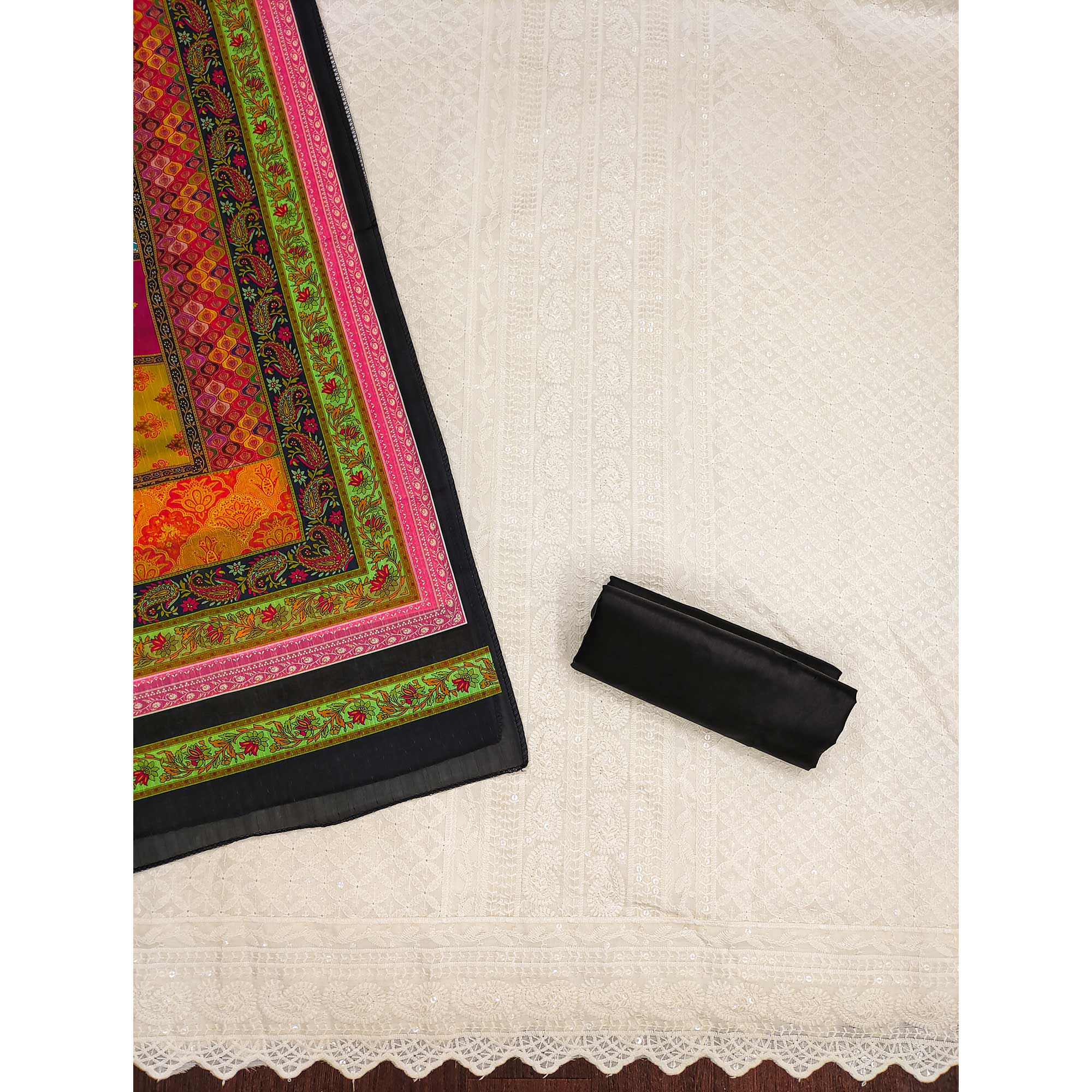 White & Black Cotton Blend Dress Material With Elegant Schiffli & Sequins Work