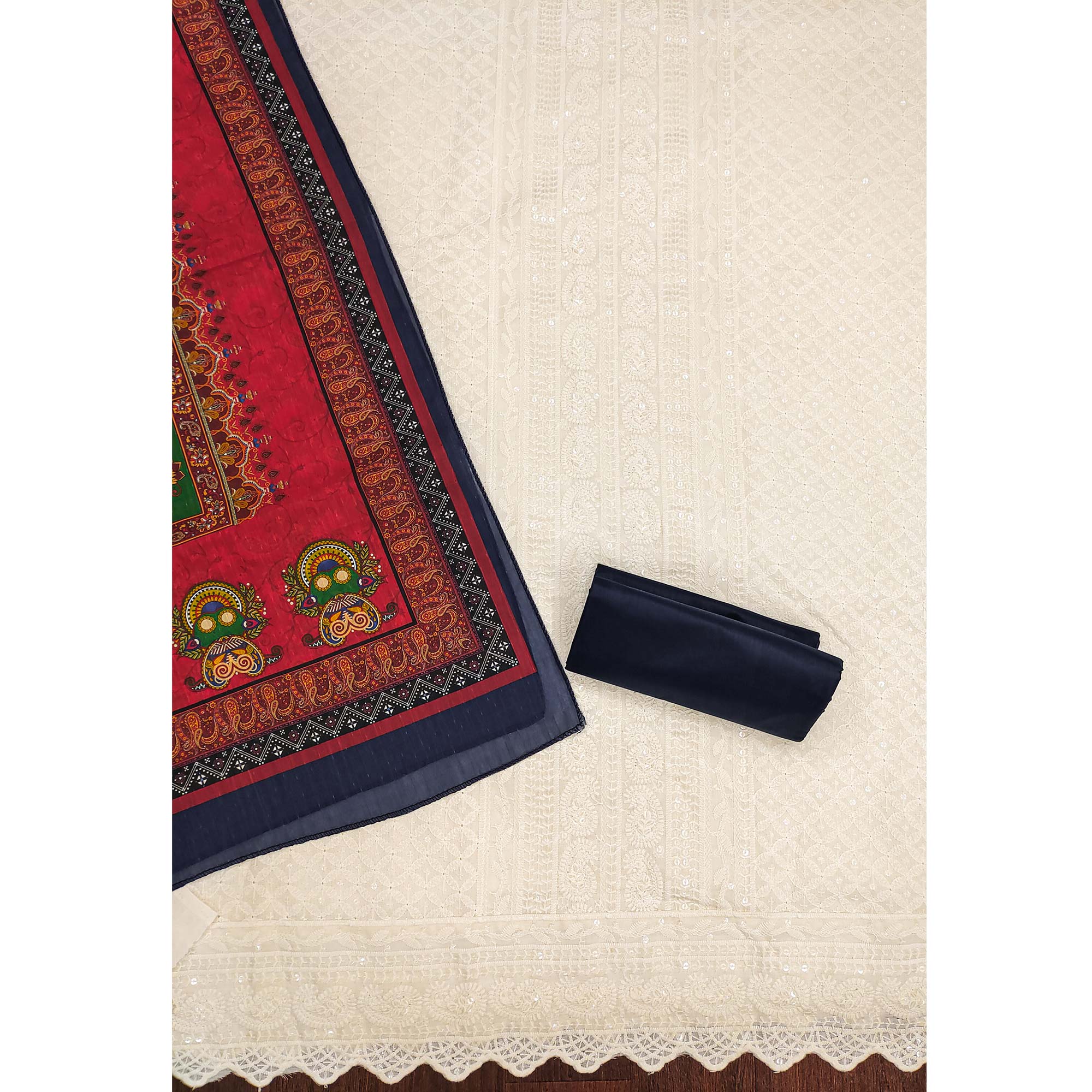 White & Blue Cotton Blend Dress Material With Elegant Schiffli & Sequins Work