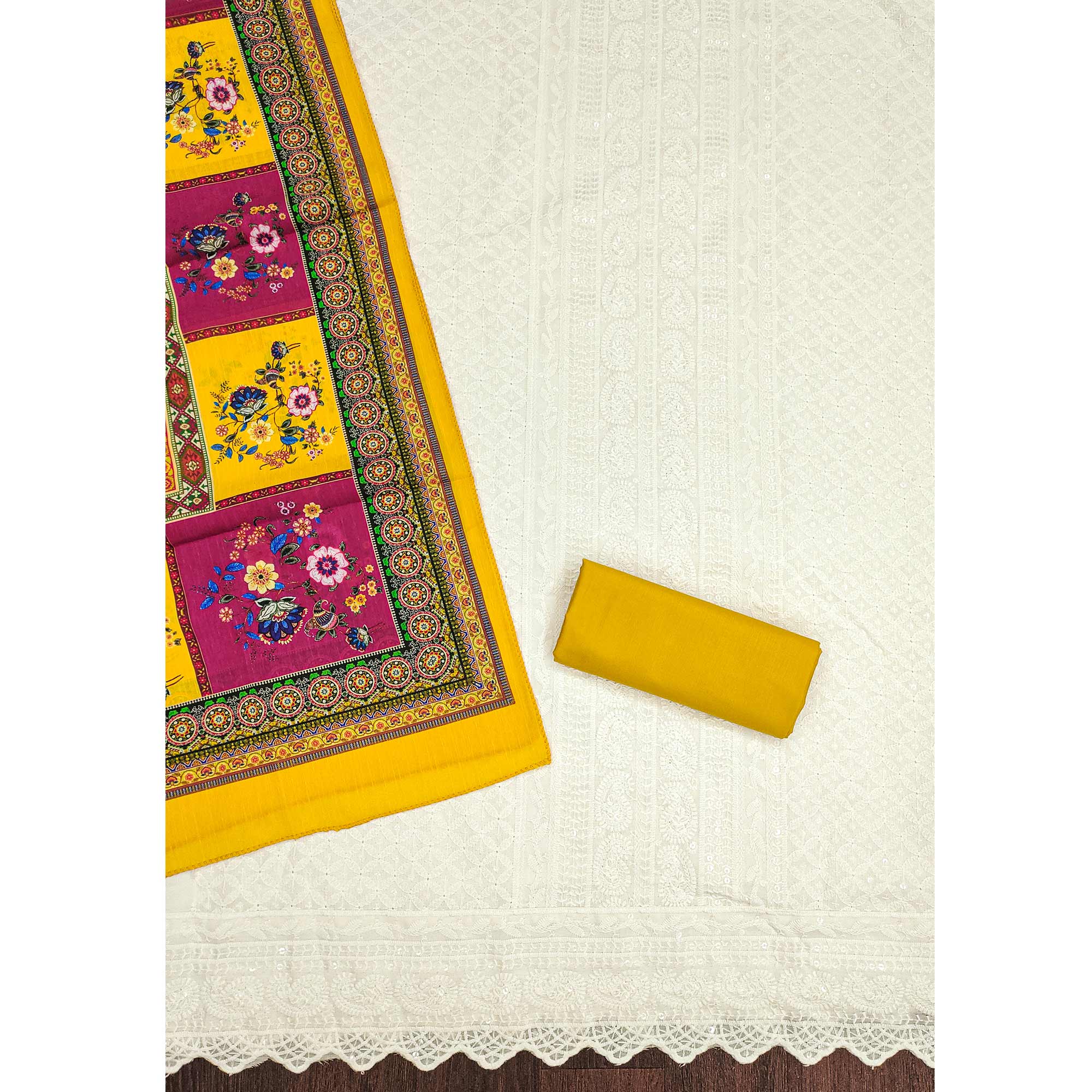 \White & Yellow Cotton Blend Dress Material With Elegant Schiffli & Sequins Work