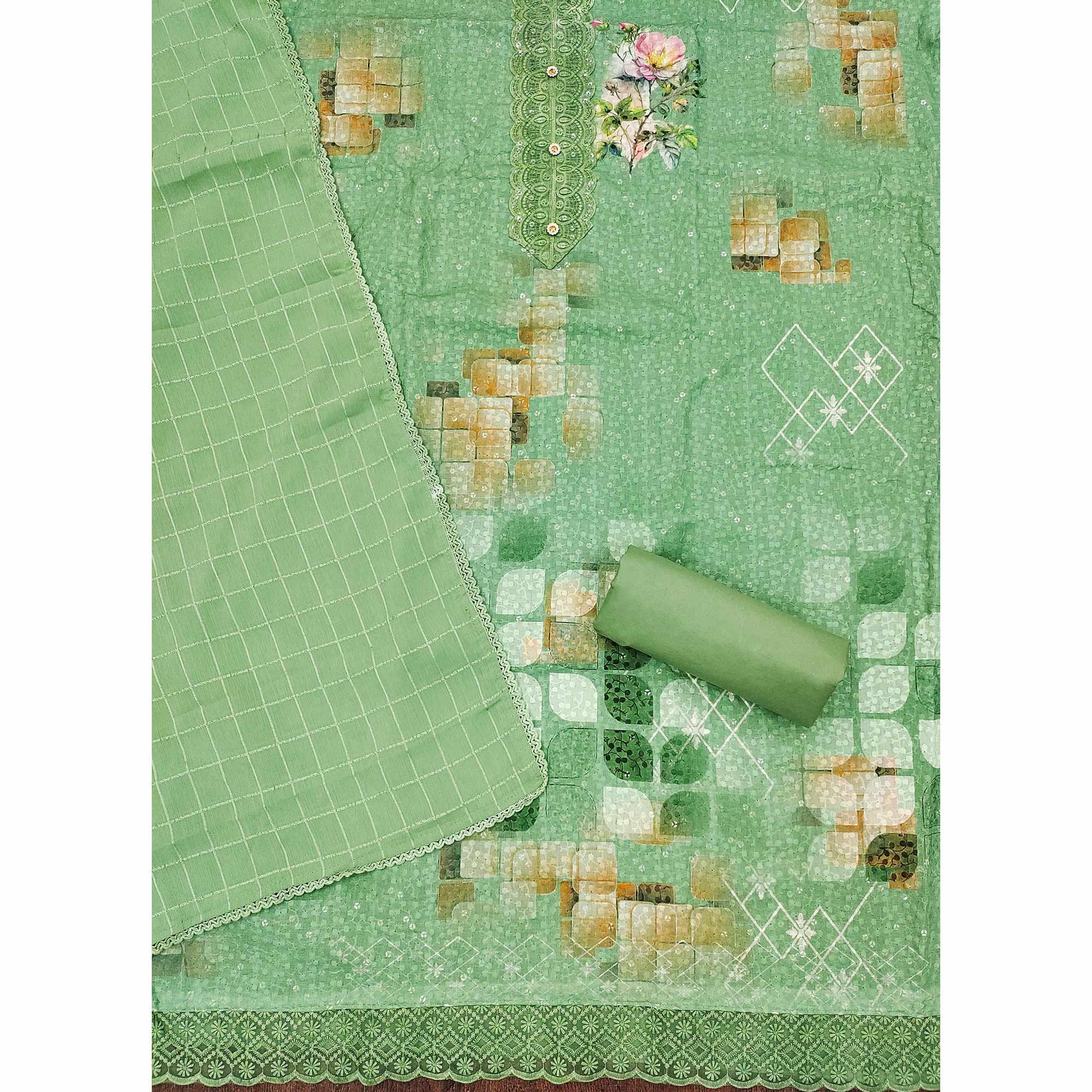 Green Schiffli Embroidered Cotton Blend Dress Material With Floral Digital Print