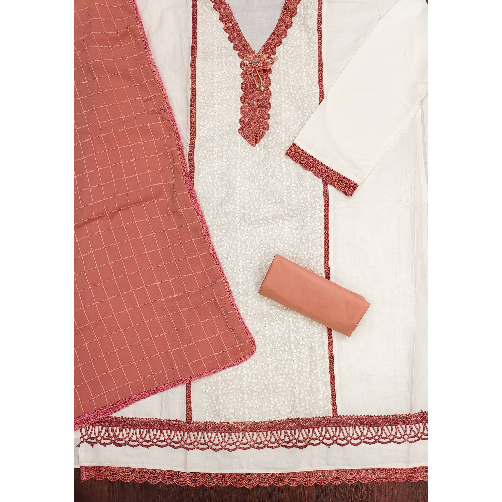 White & Dusty Peach Cotton Blend Dress Material With Elegant Schiffli & Sequins Work