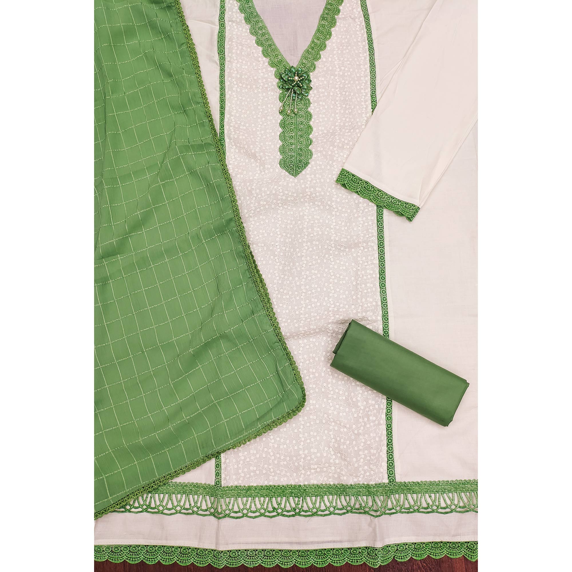White & Green Cotton Blend Dress Material With Elegant Schiffli & Sequins Work
