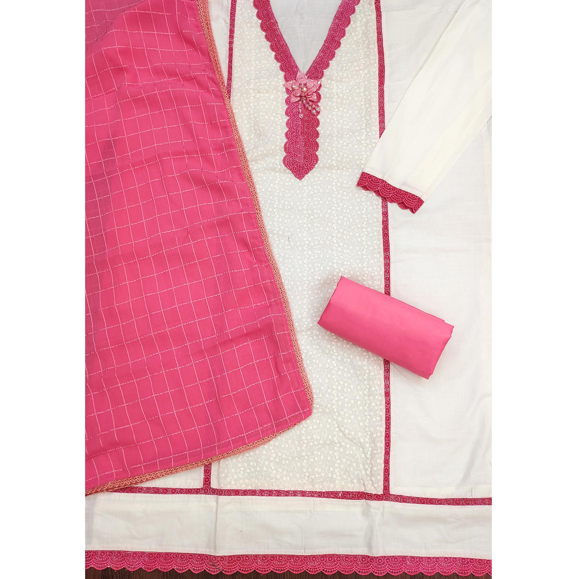 White & Pink Cotton Blend Dress Material With Elegant Schiffli & Sequins Work