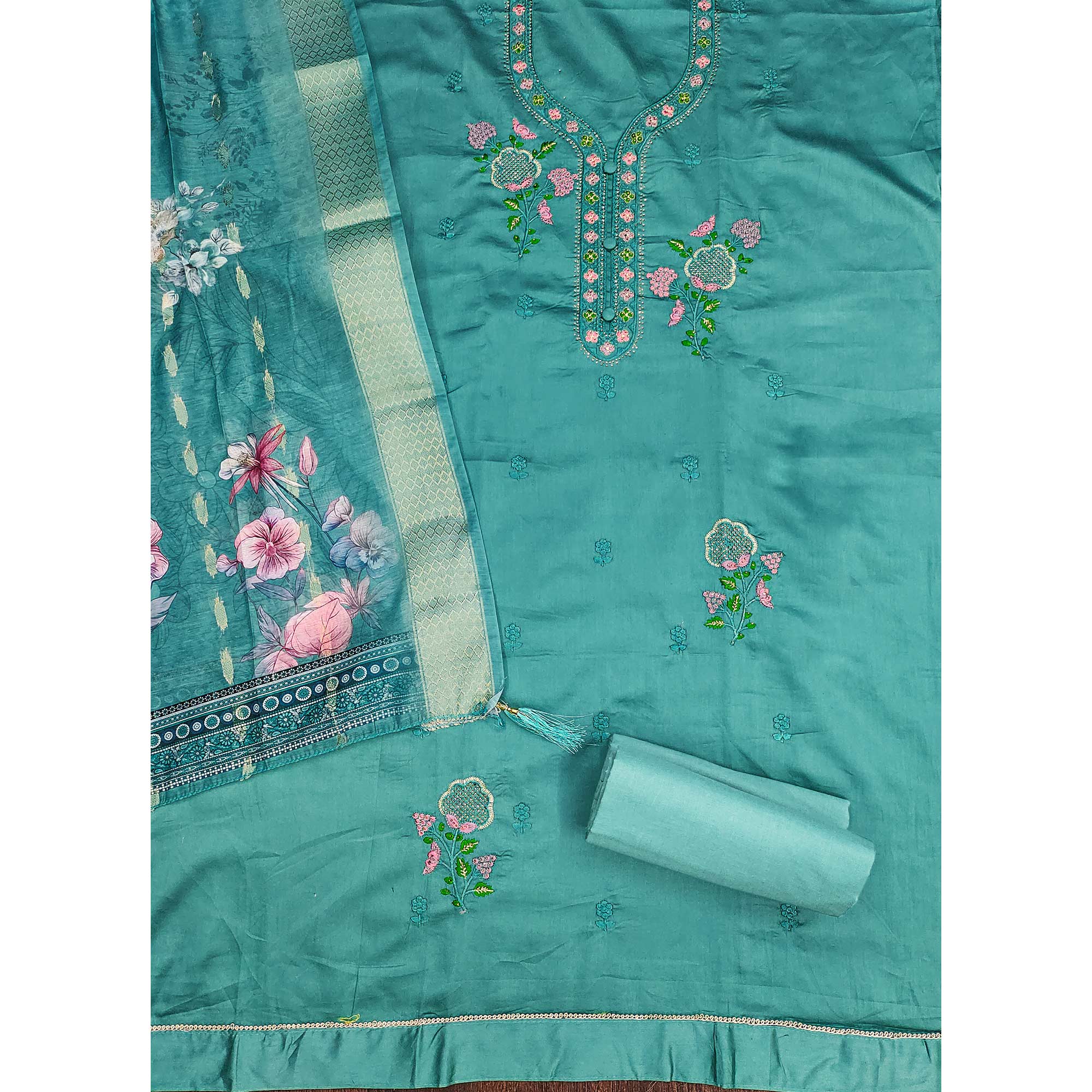 Elegant Turquoise Pure Cotton Dress Material Showcasing Fine Floral Embroidery & Swarovski Work