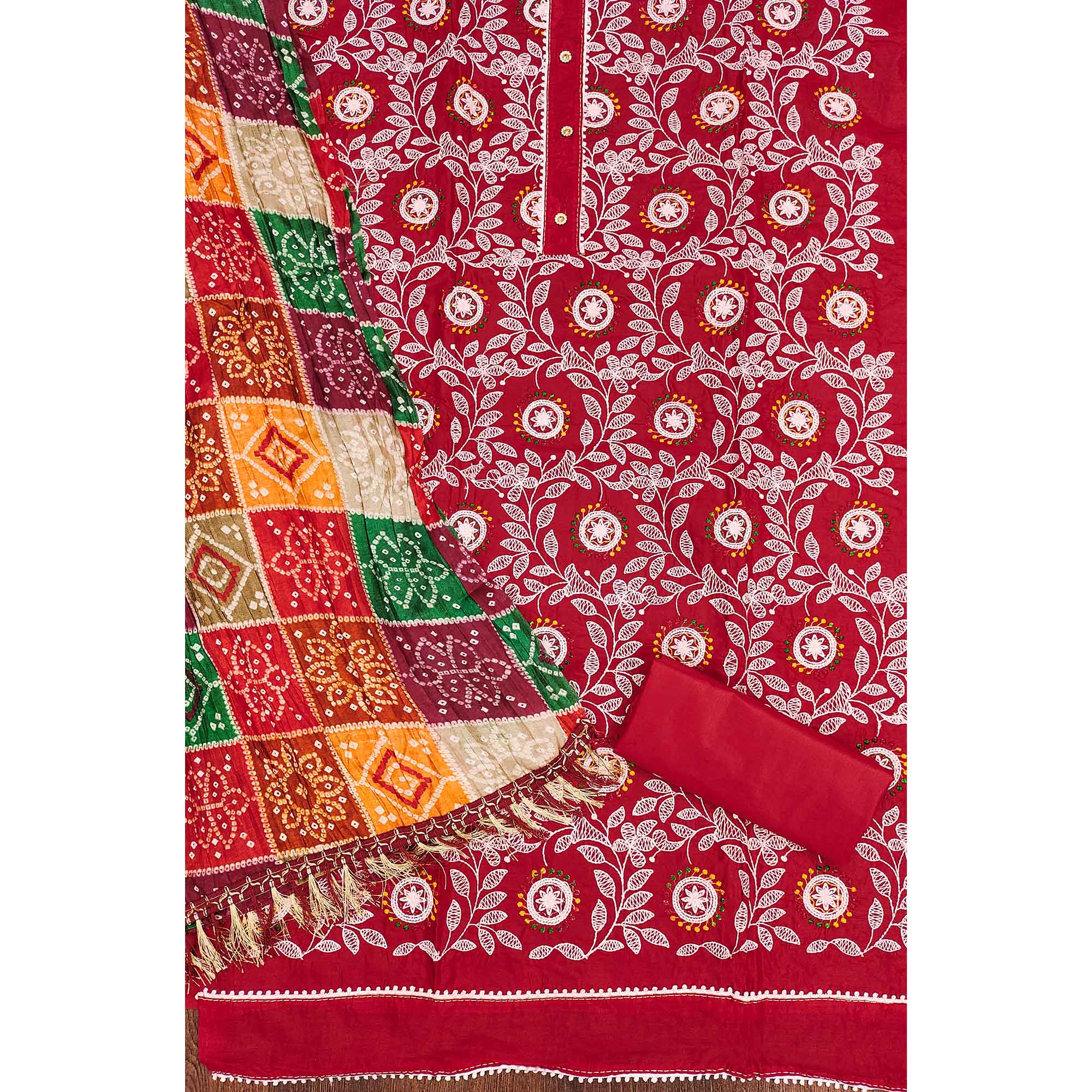 Red Floral Embroidered Cotton Blend Dress Material