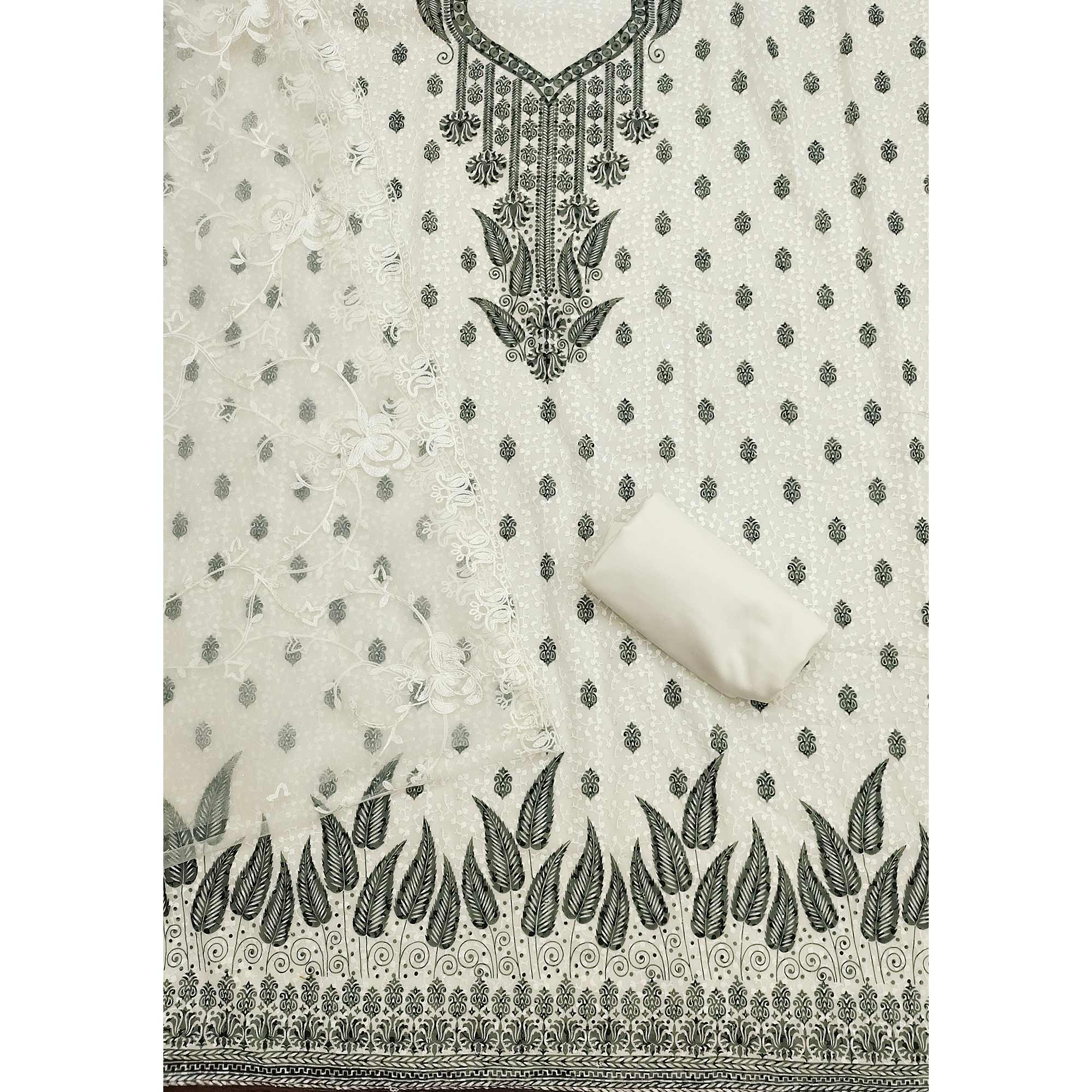 White & Black Schiffli Embroidered Georgette Dress Material With Floral Digital Print