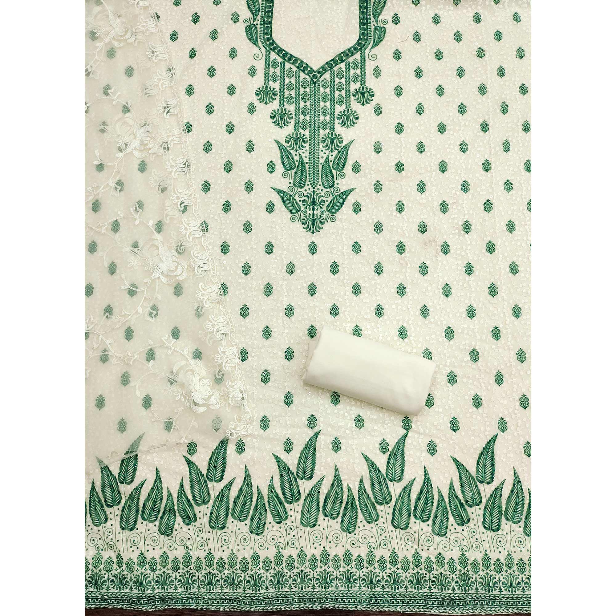 White & Rama Green Schiffli Embroidered Georgette Dress Material With Floral Digital Print