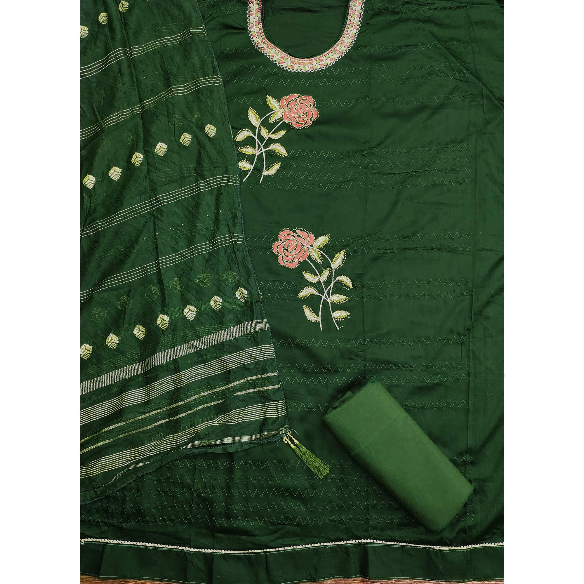Green Cotton Blend Dress Material Adorned With Swarovski Accents and Floral Threadwork