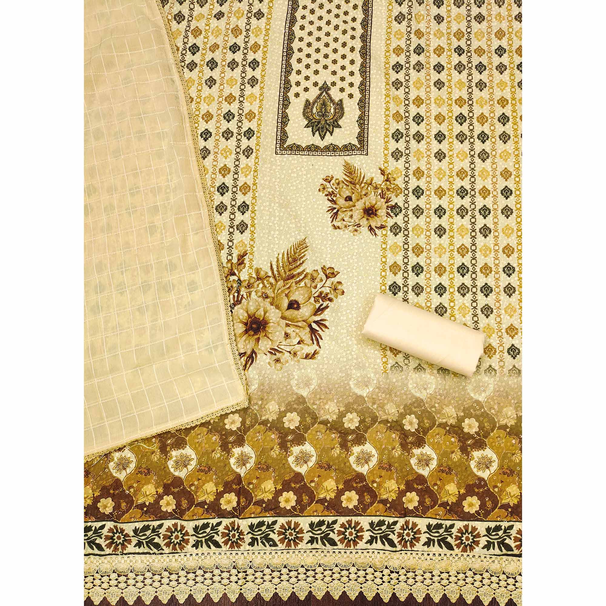 Yellow Schiffli Embroidered Cotton Blend Dress Material With Floral Digital Print