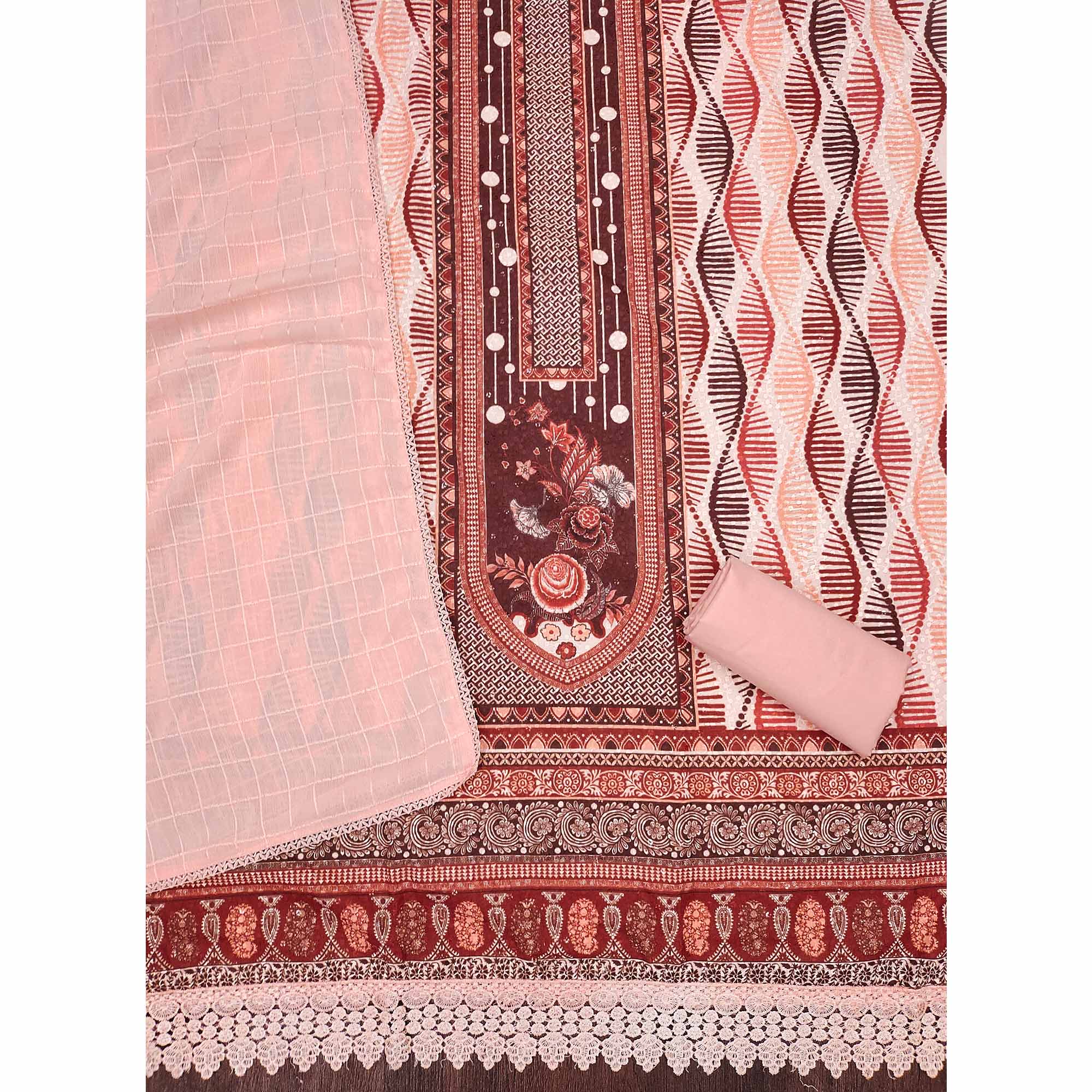 Peach Cotton Blend Dress Material With Schiffli Embroidery & Floral Digital Print