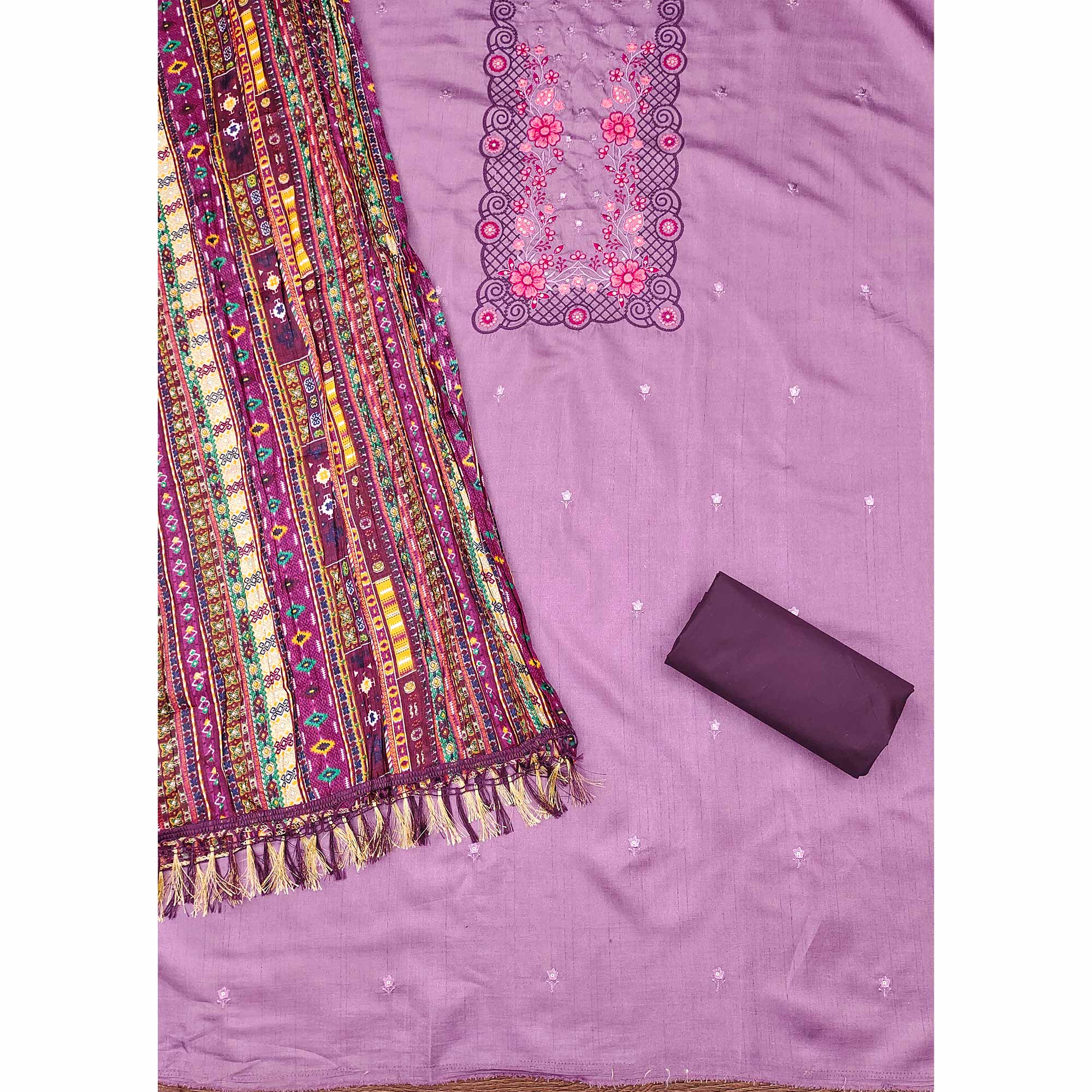Purple Floral Sequins Embroidered Cotton Silk Dress Material