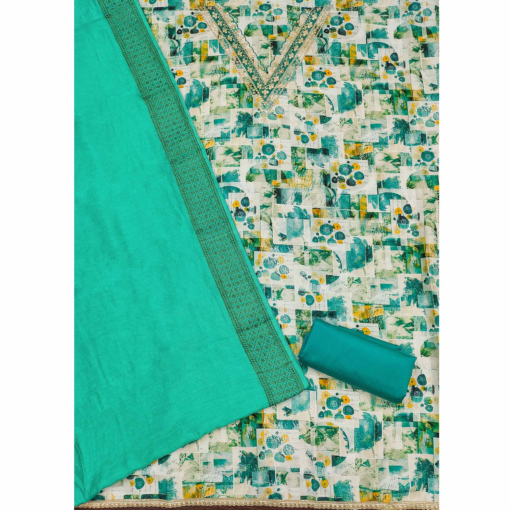 Rama Green Digital Printed Cotton Blend Dress Material With Intricate Neck Embroidery