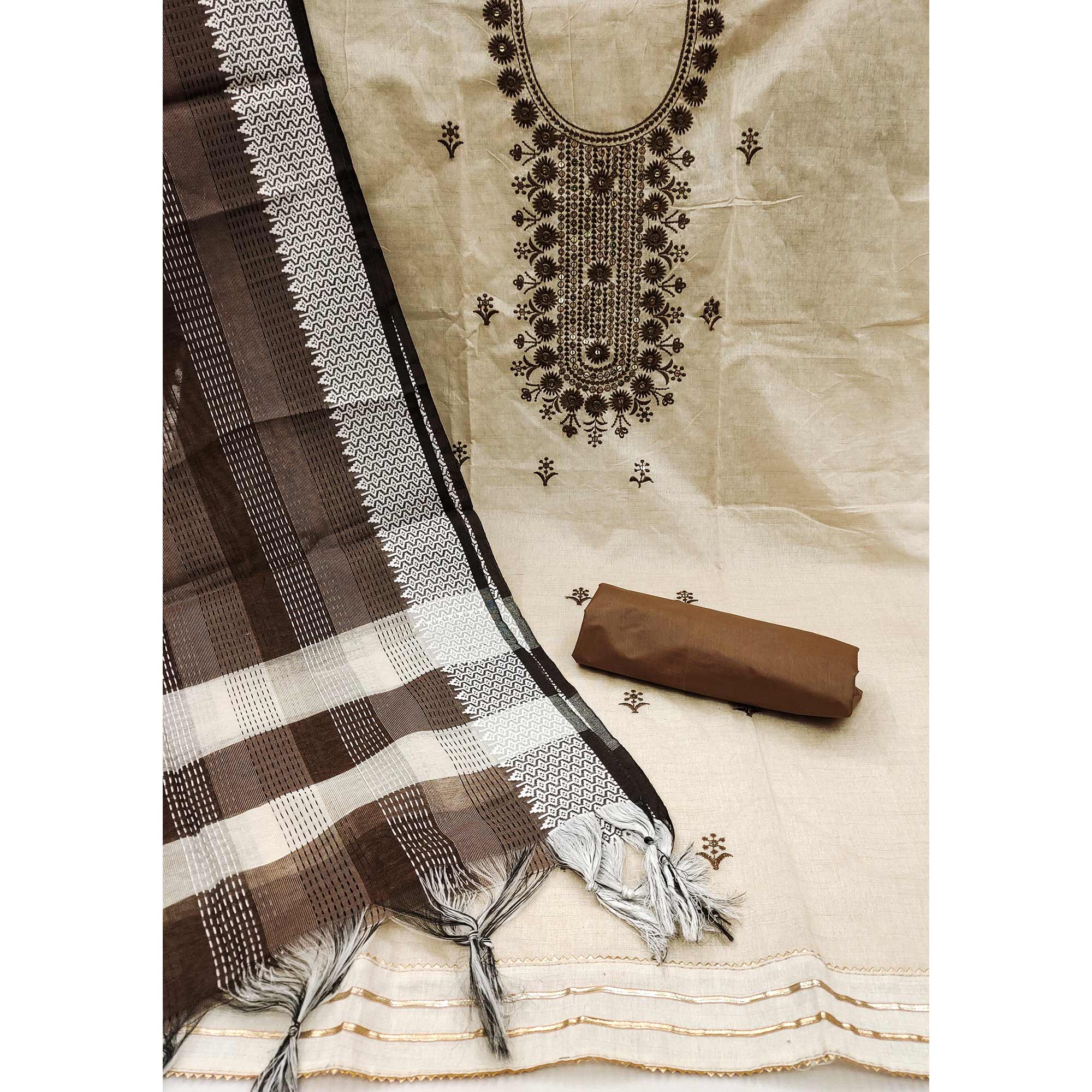 Cream & Brown Floral Sequins Embroidered Cotton Blend Dress Material