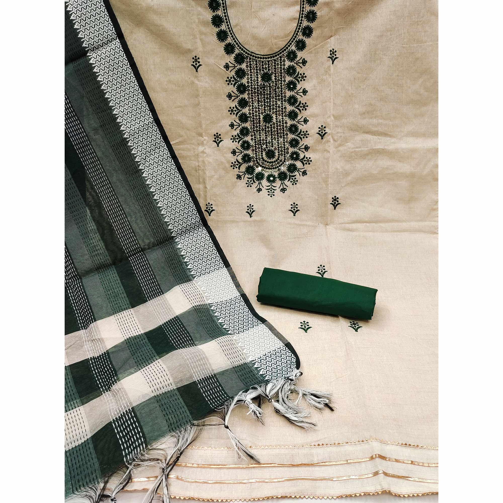 Cream & Green Floral Sequins Embroidered Cotton Blend Dress Material