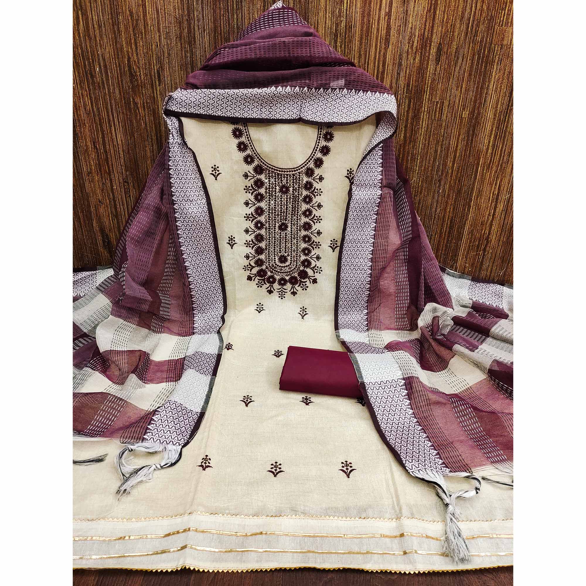 Cream & Maroon Floral Sequins Embroidered Cotton Blend Dress Material
