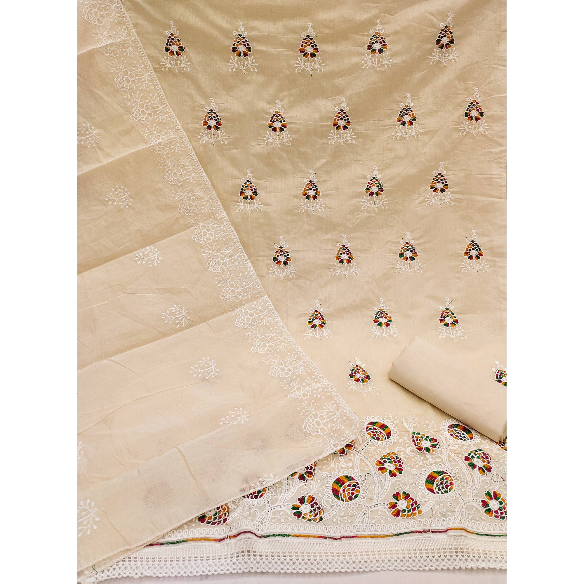 Cream Chanderi Cotton Dress Material with Elegant Floral Thread Embroidery