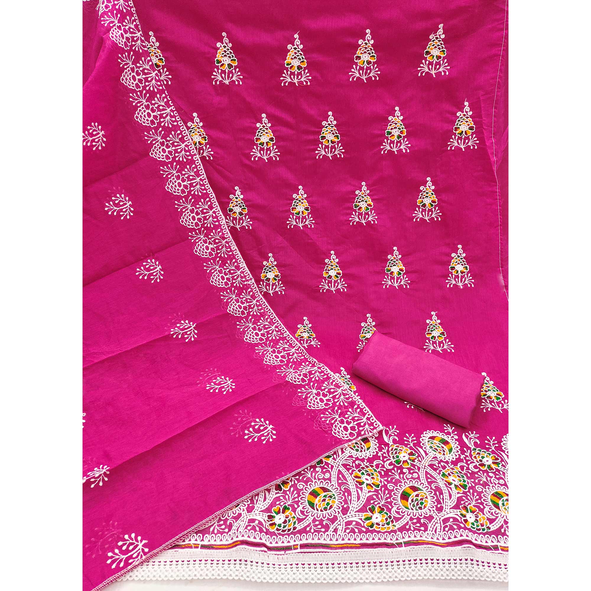 Rani Pink Chanderi Cotton Dress Material with Elegant Floral Thread Embroidery