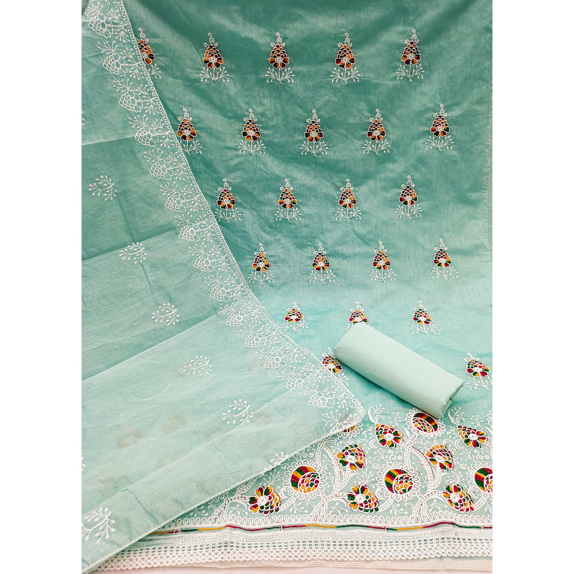 Turquoise Chanderi Cotton Dress Material with Elegant Floral Thread Embroidery