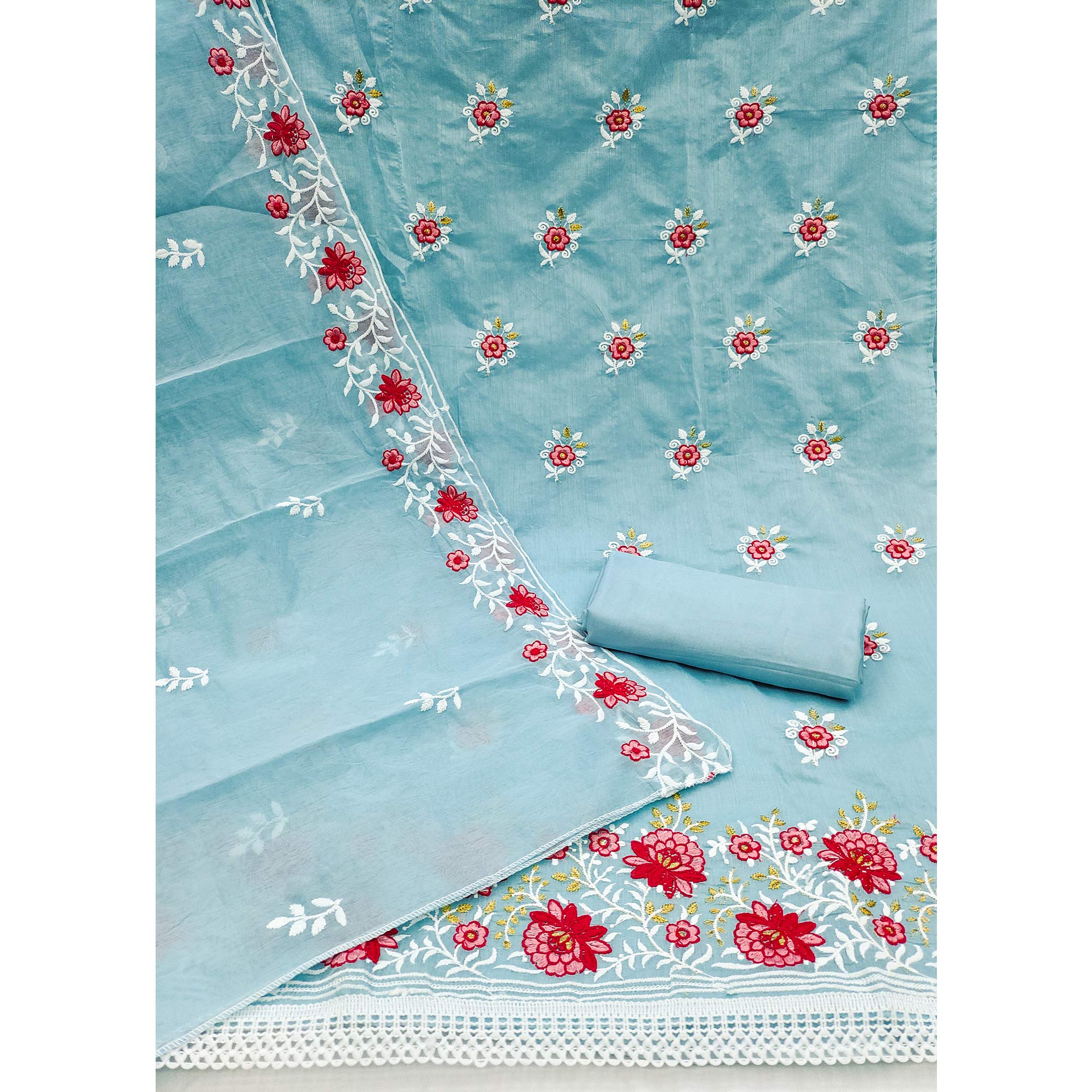 Blue Floral Embroidered Chanderi Cotton Dress Material