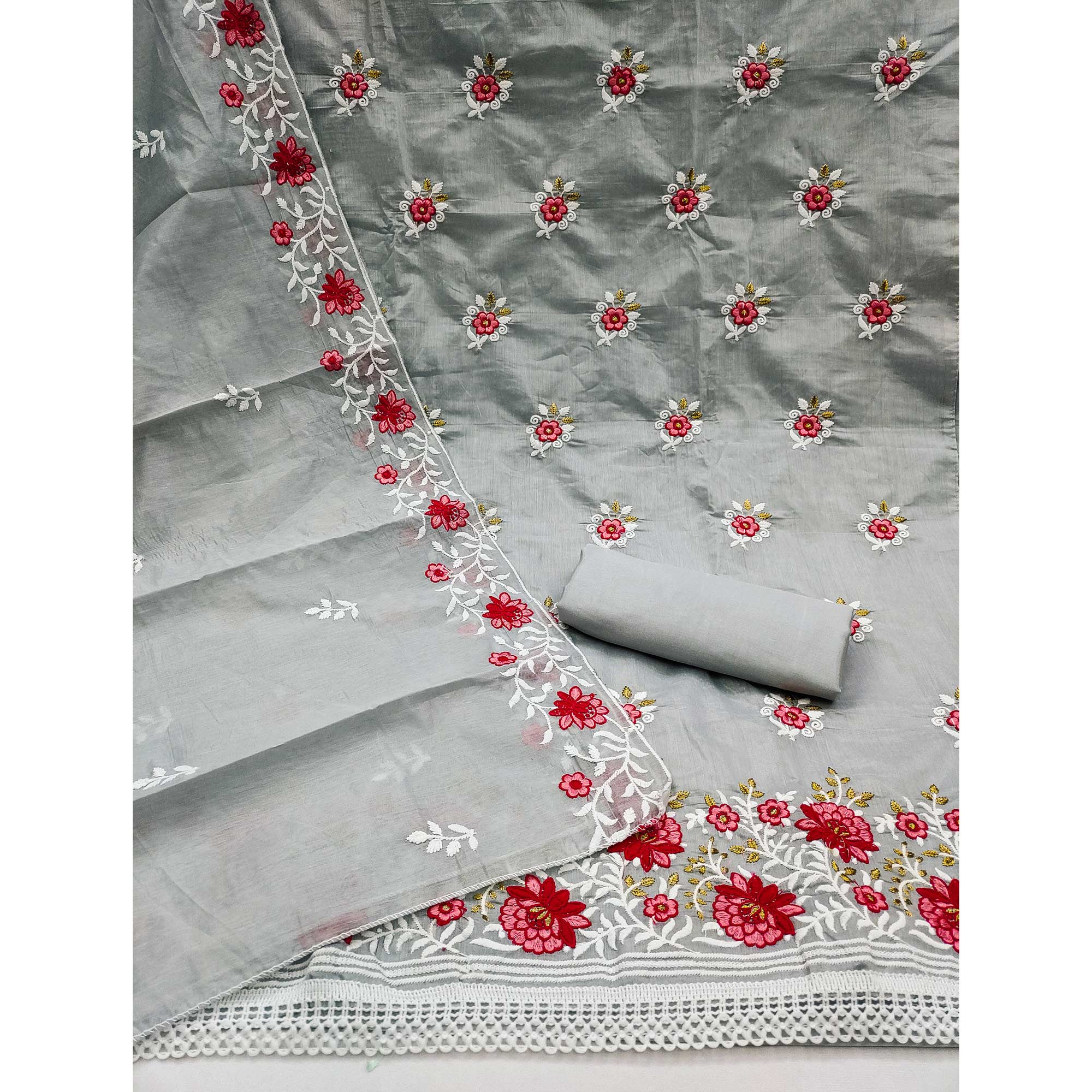 Grey Floral Embroidered Chanderi Cotton Dress Material
