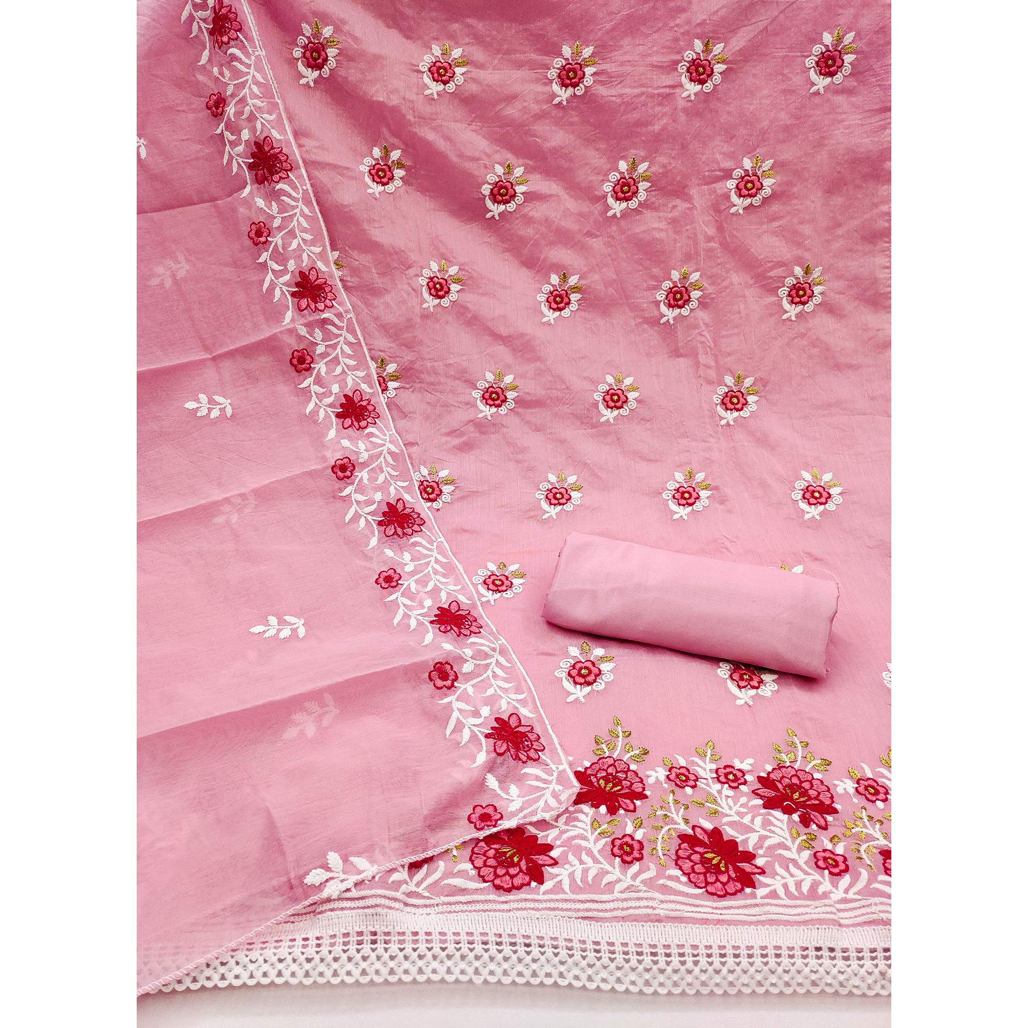 Pink Floral Embroidered Chanderi Cotton Dress Material