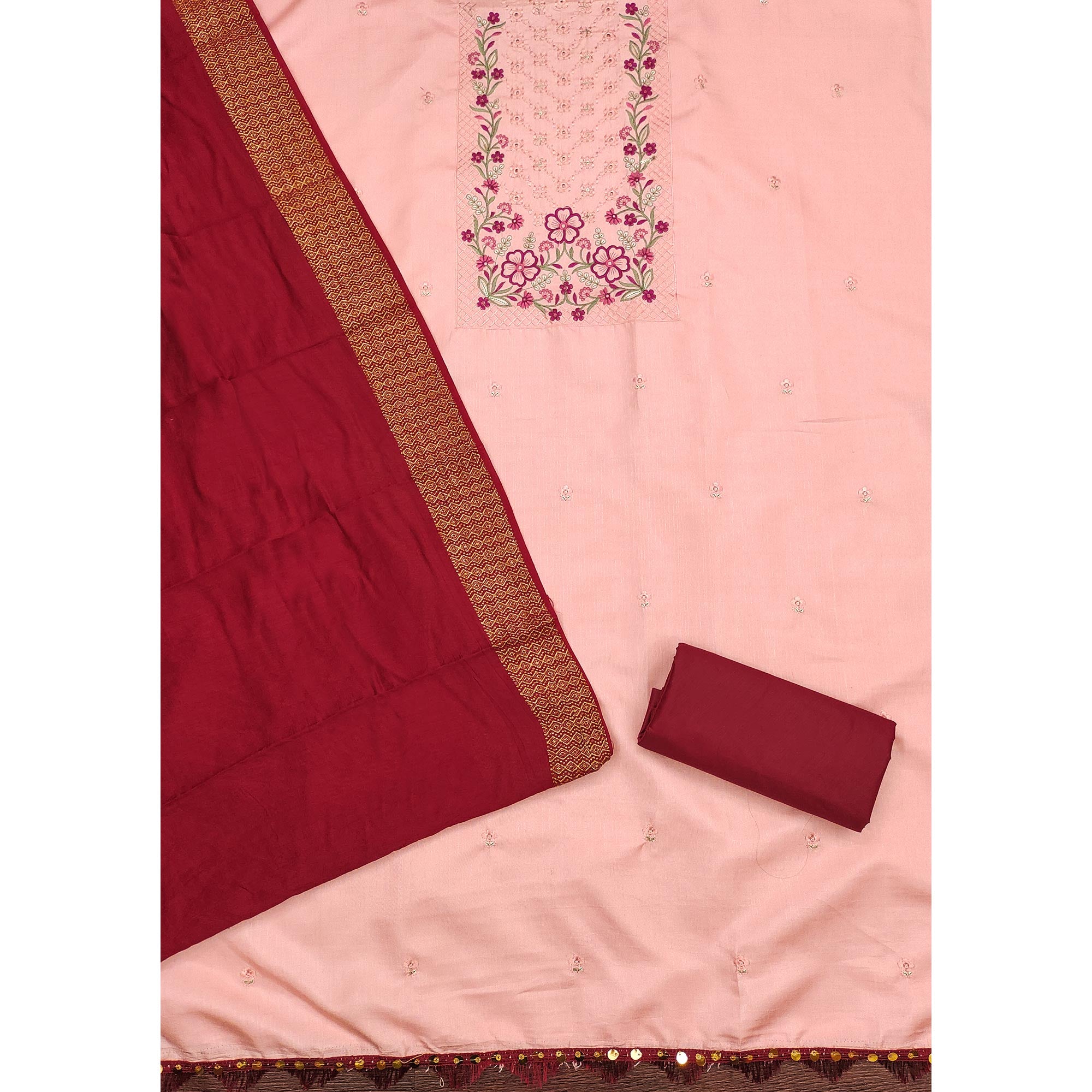 Peach Floral Sequins Embroidered Cotton Silk Dress Material