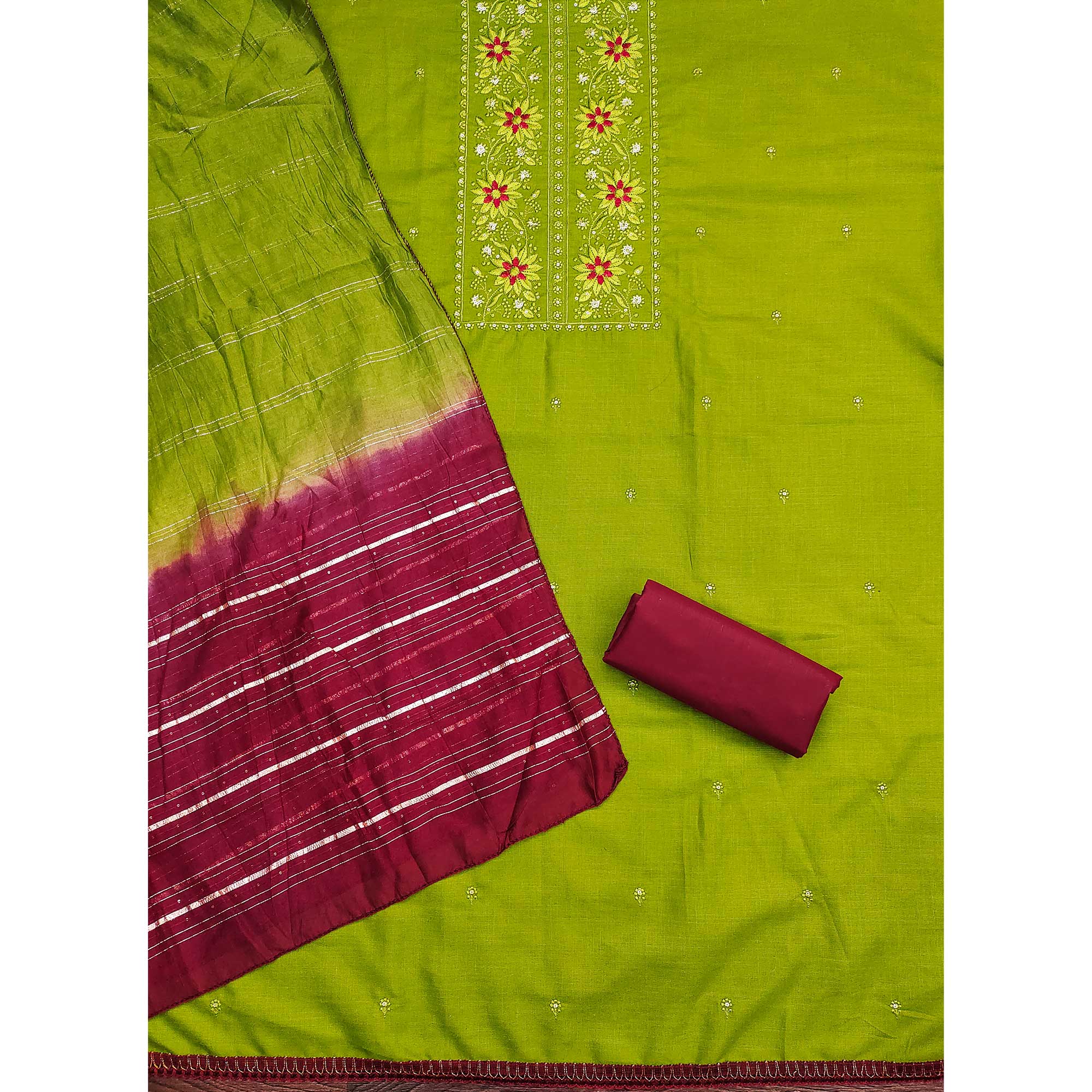 Green Floral Sequins Embroidered Slub Cotton Dress Material