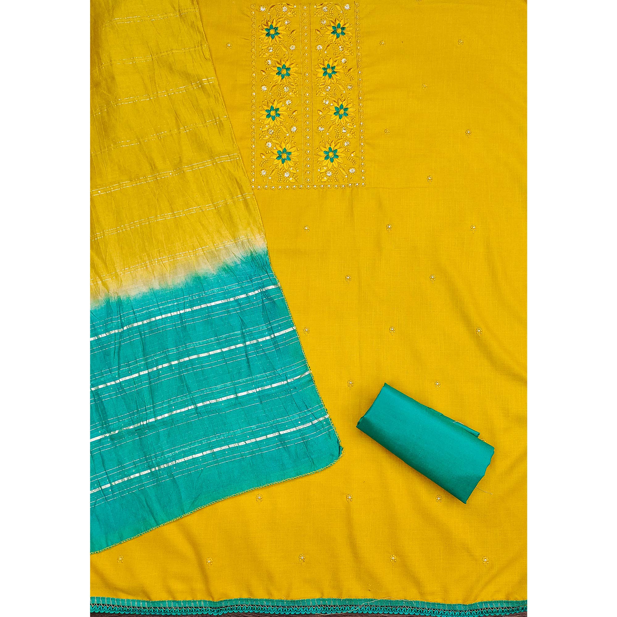 Yellow Floral Sequins Embroidered Slub Cotton Dress Material