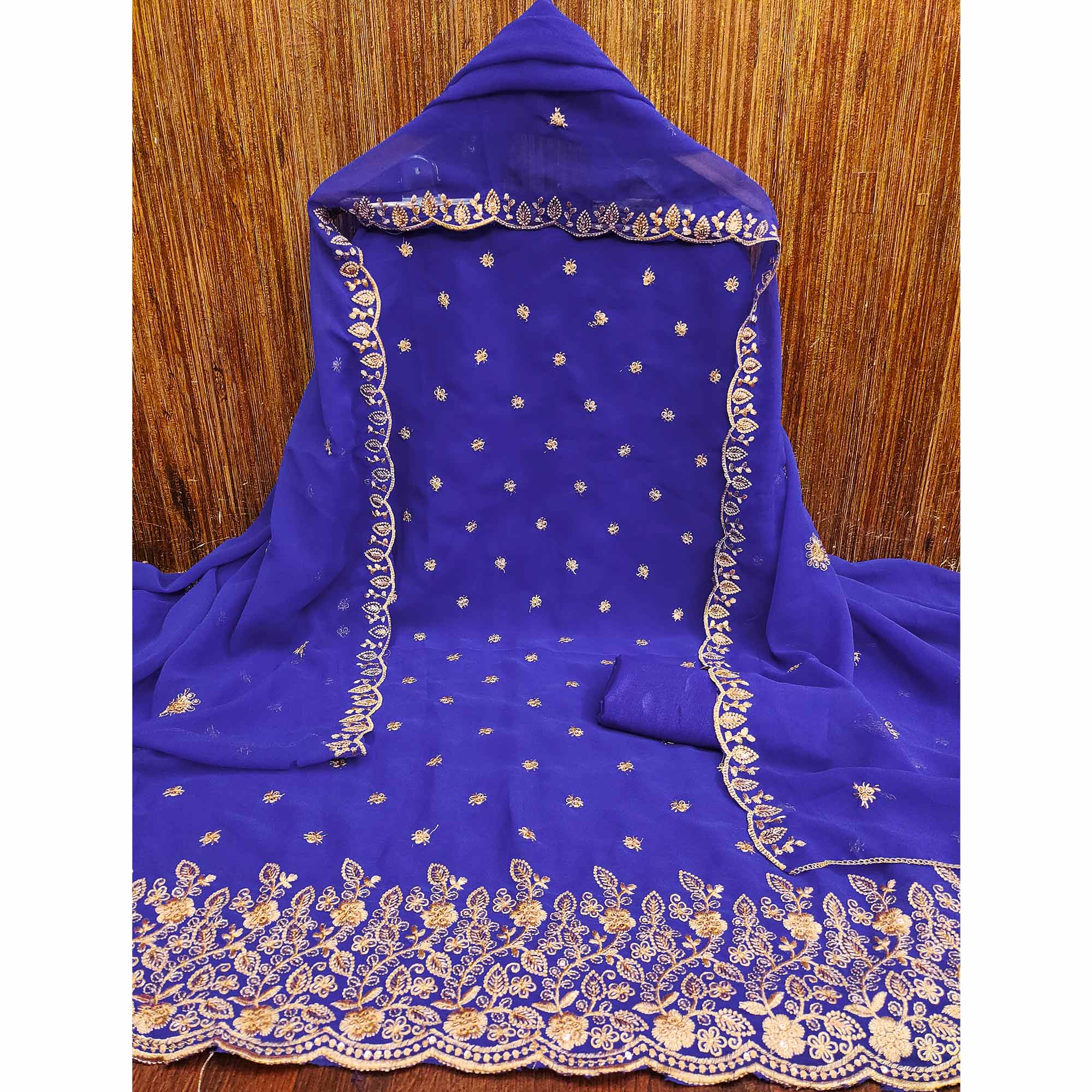 Majorelle Blue Floral Sequins Embroidered Georgette Dress Material