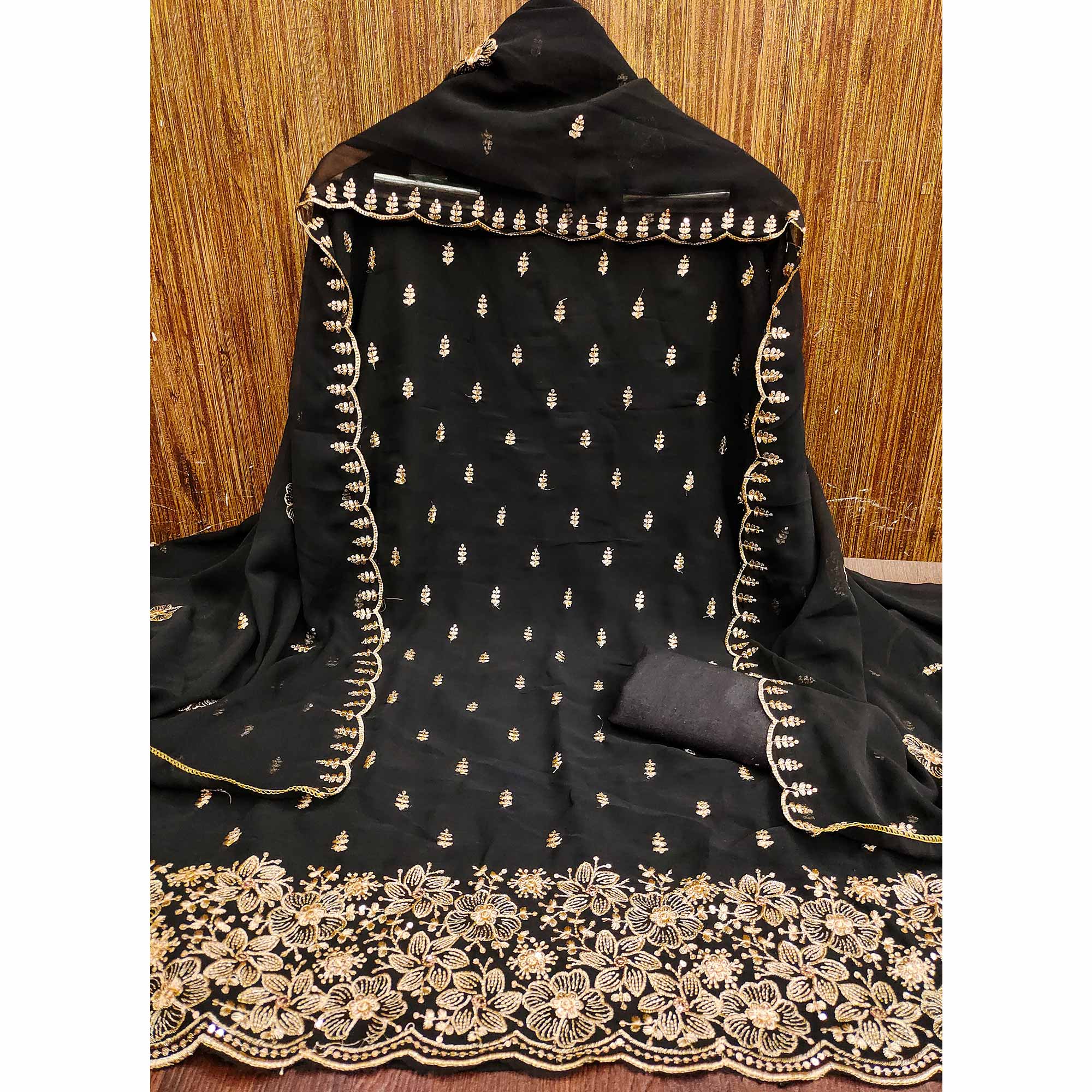 Black Floral Sequins Embroidered Georgette Dress Material