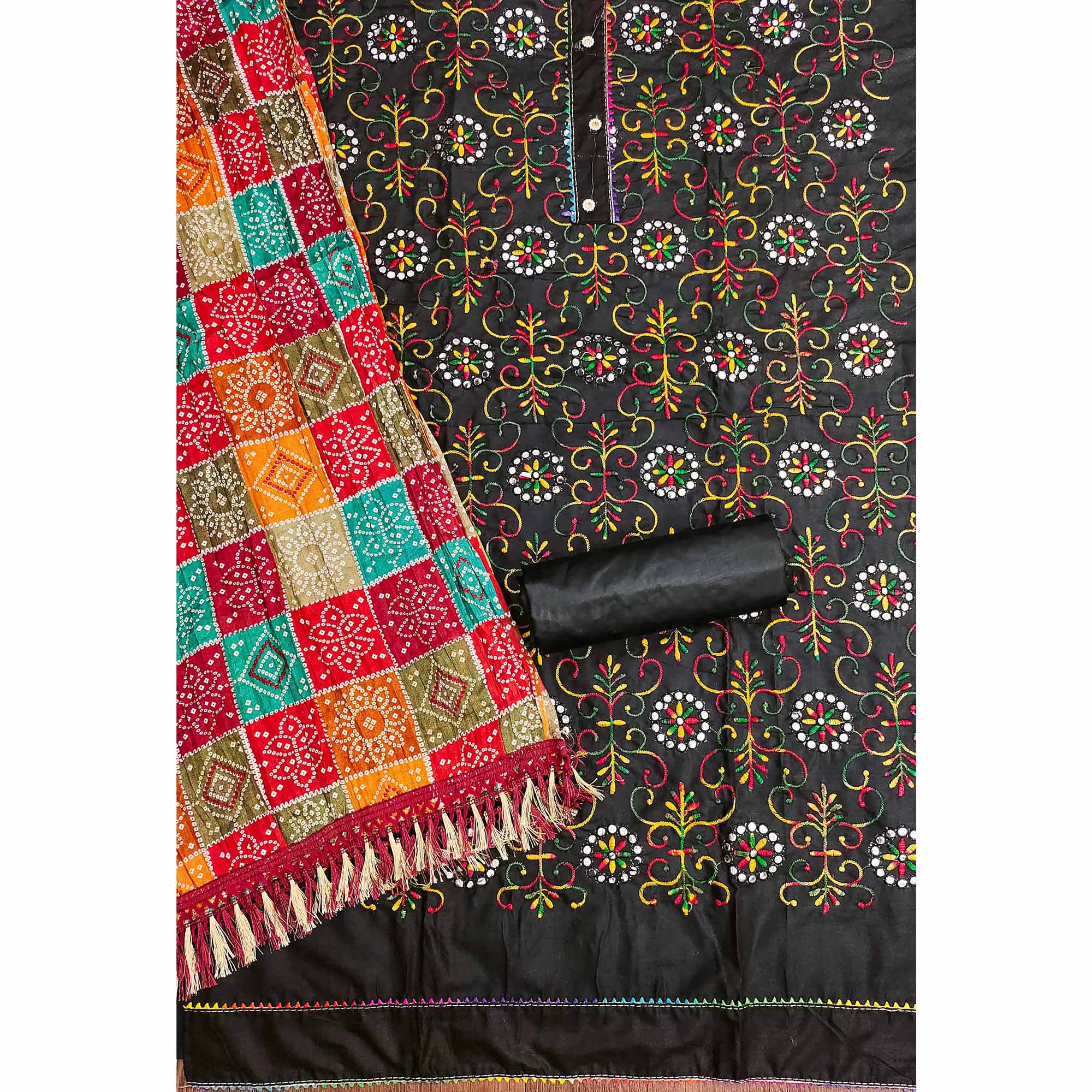 Black Floral Thread Embroidered Dress Material In Soft Cotton Blend