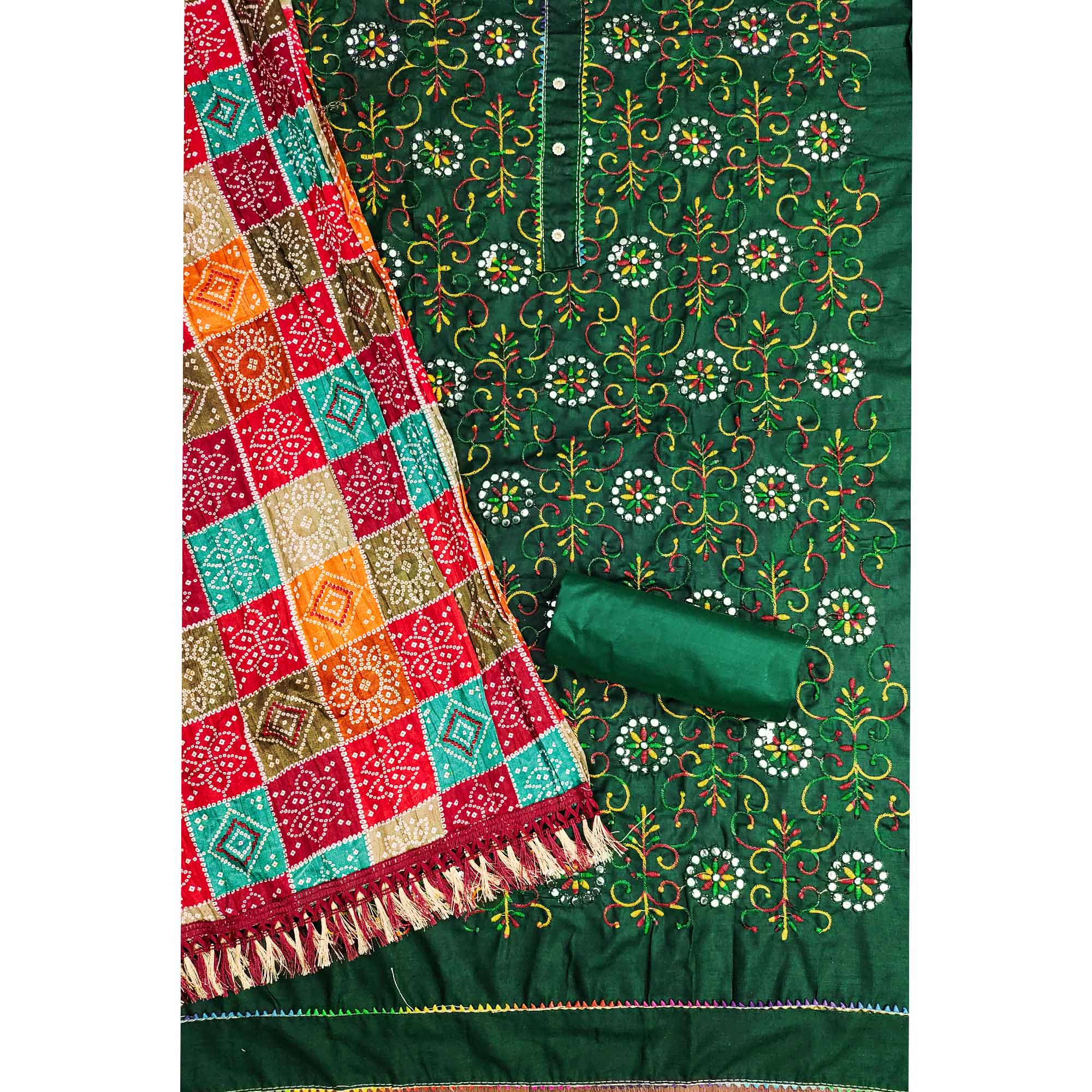 Green Floral Thread Embroidered Dress Material In Soft Cotton Blend
