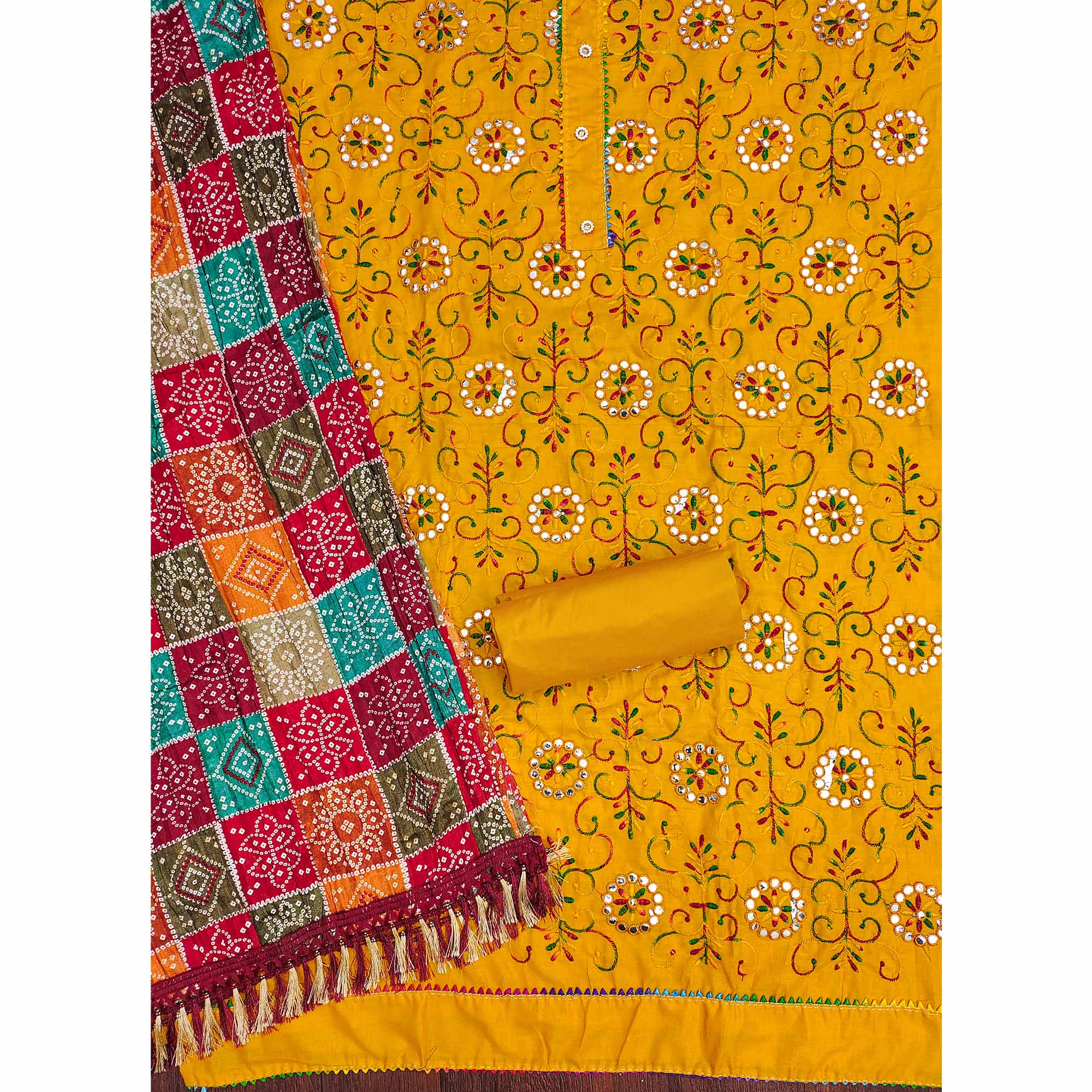 Mustard Floral Thread Embroidered Dress Material In Soft Cotton Blend