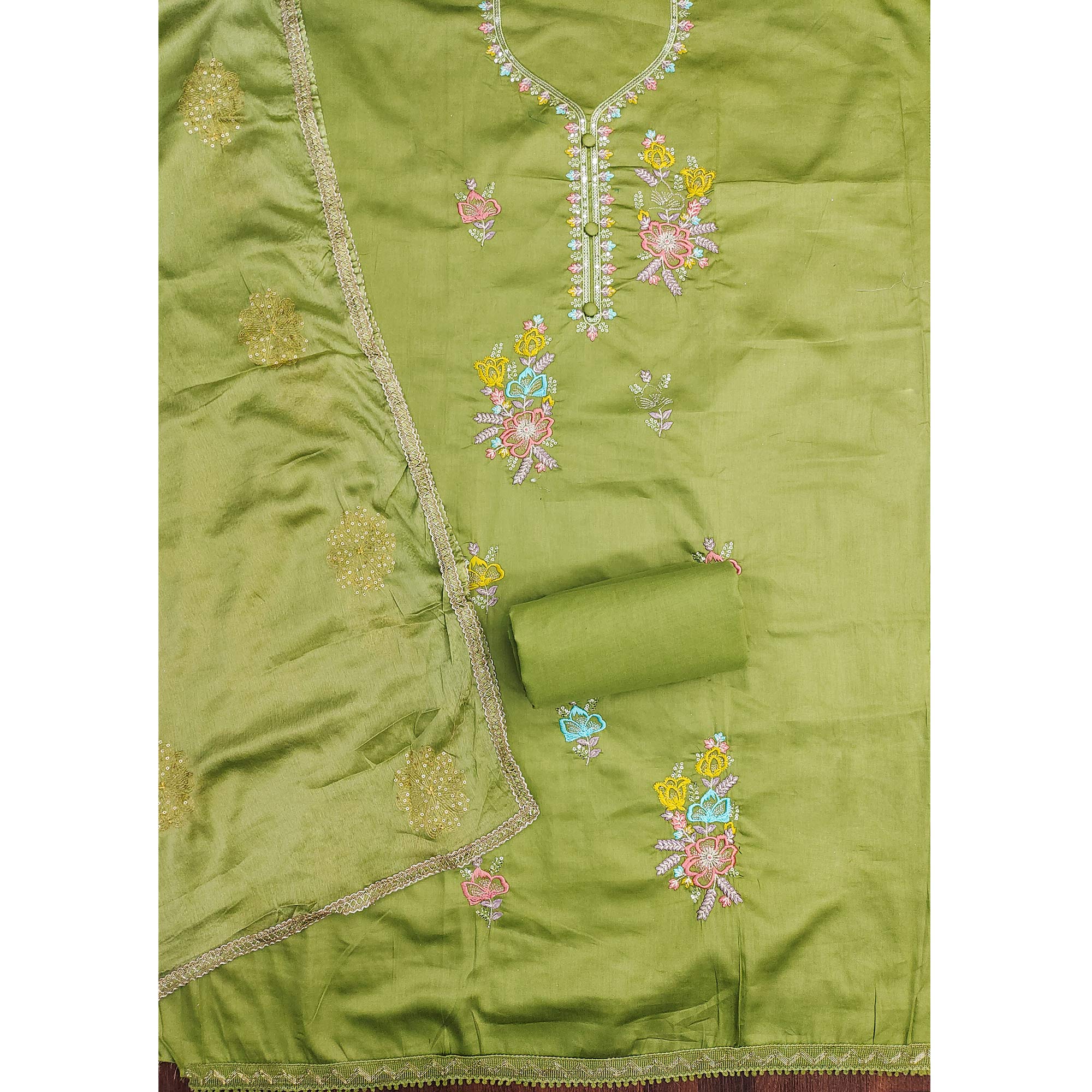 Breathable Pure Cotton Dress Material in Green with Floral Designs