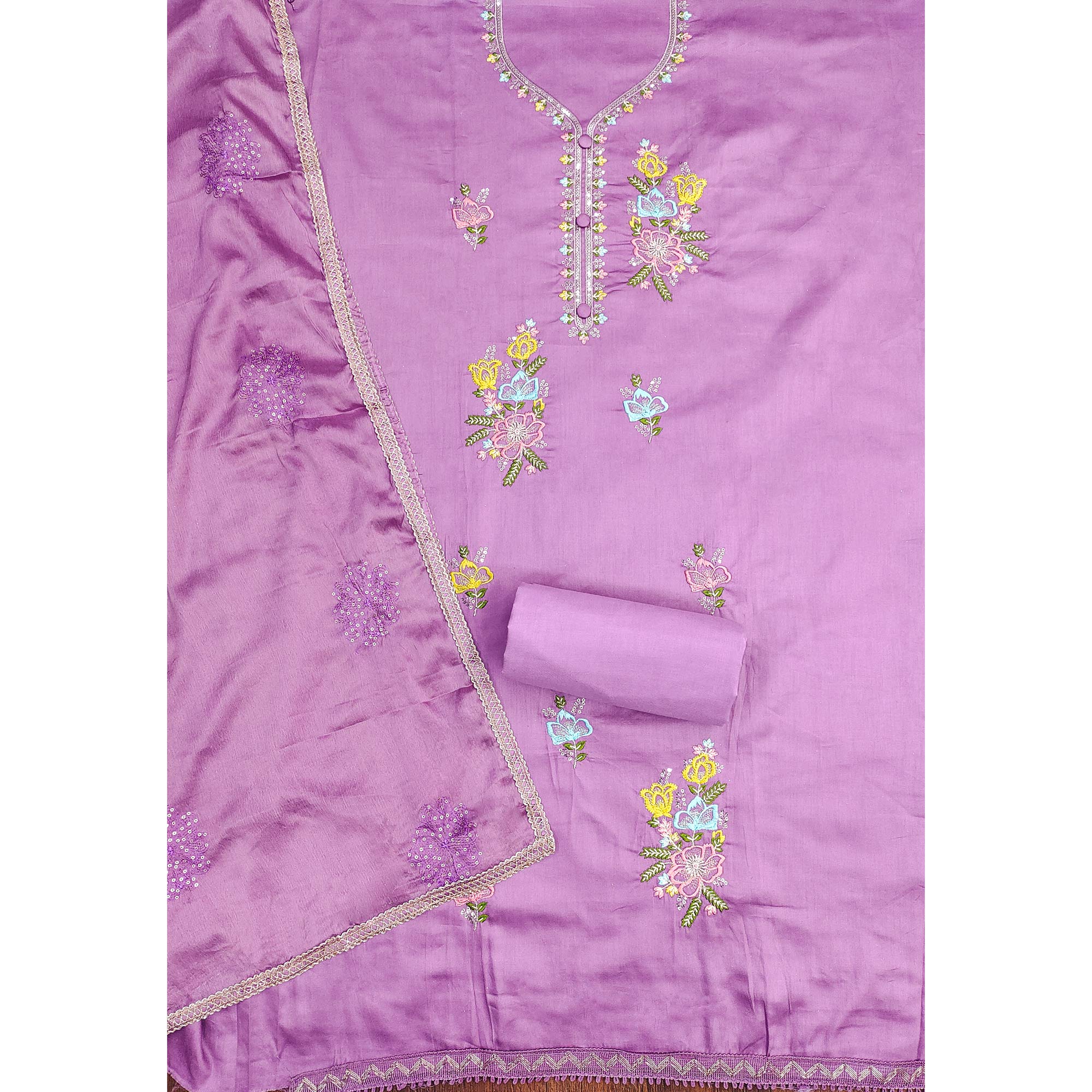 Breathable Pure Cotton Dress Material in Purple with Floral Designs