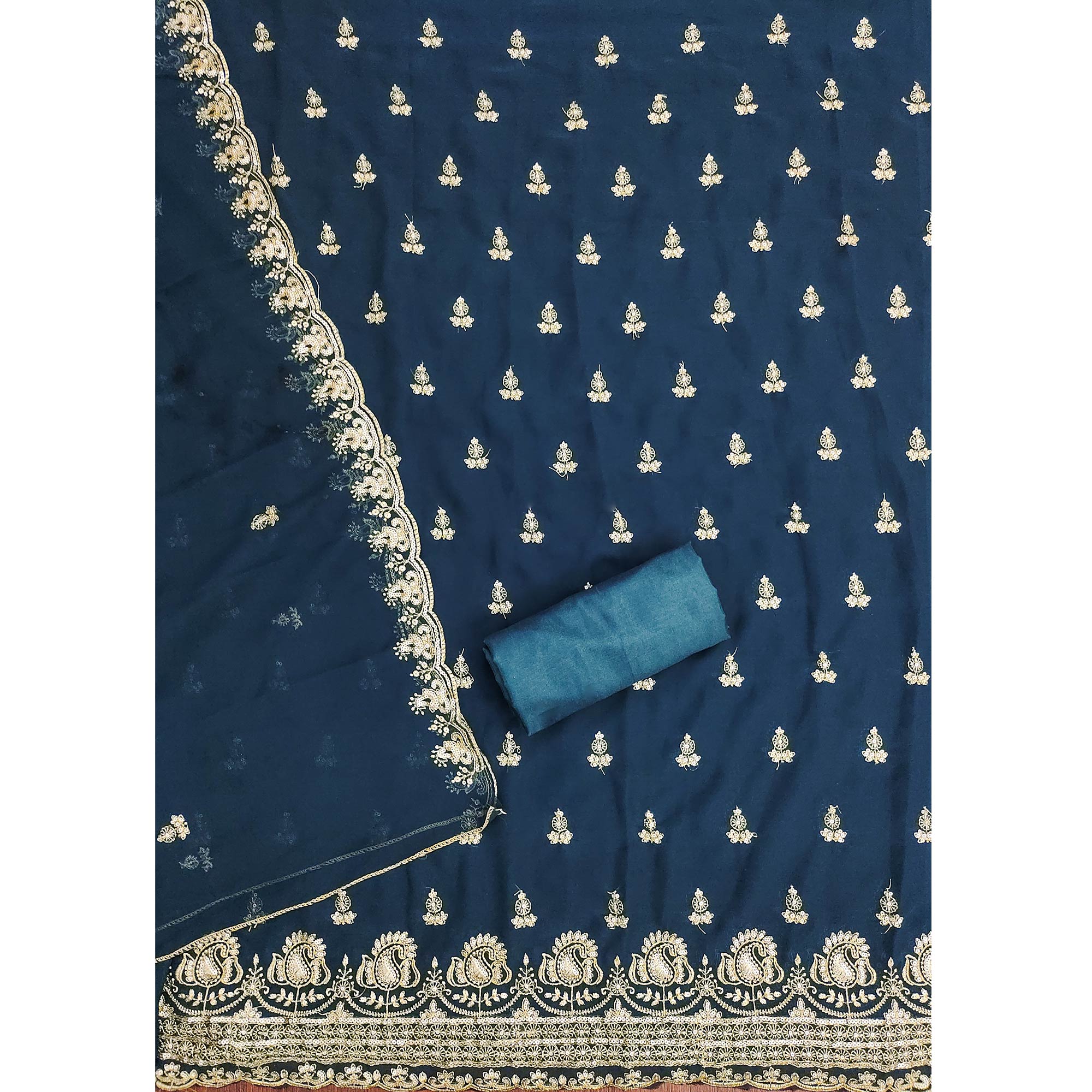 Dark Teal Georgette Dress Material with Sparkling Sequin Embroidery