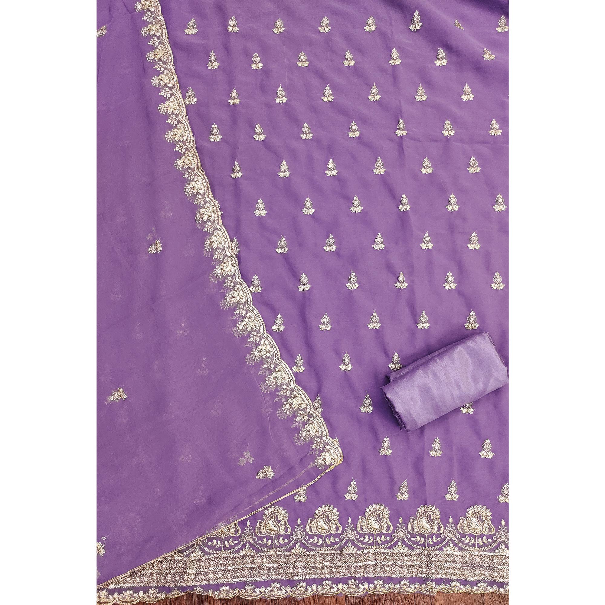 Lavender Georgette Dress Material with Sparkling Sequin Embroidery