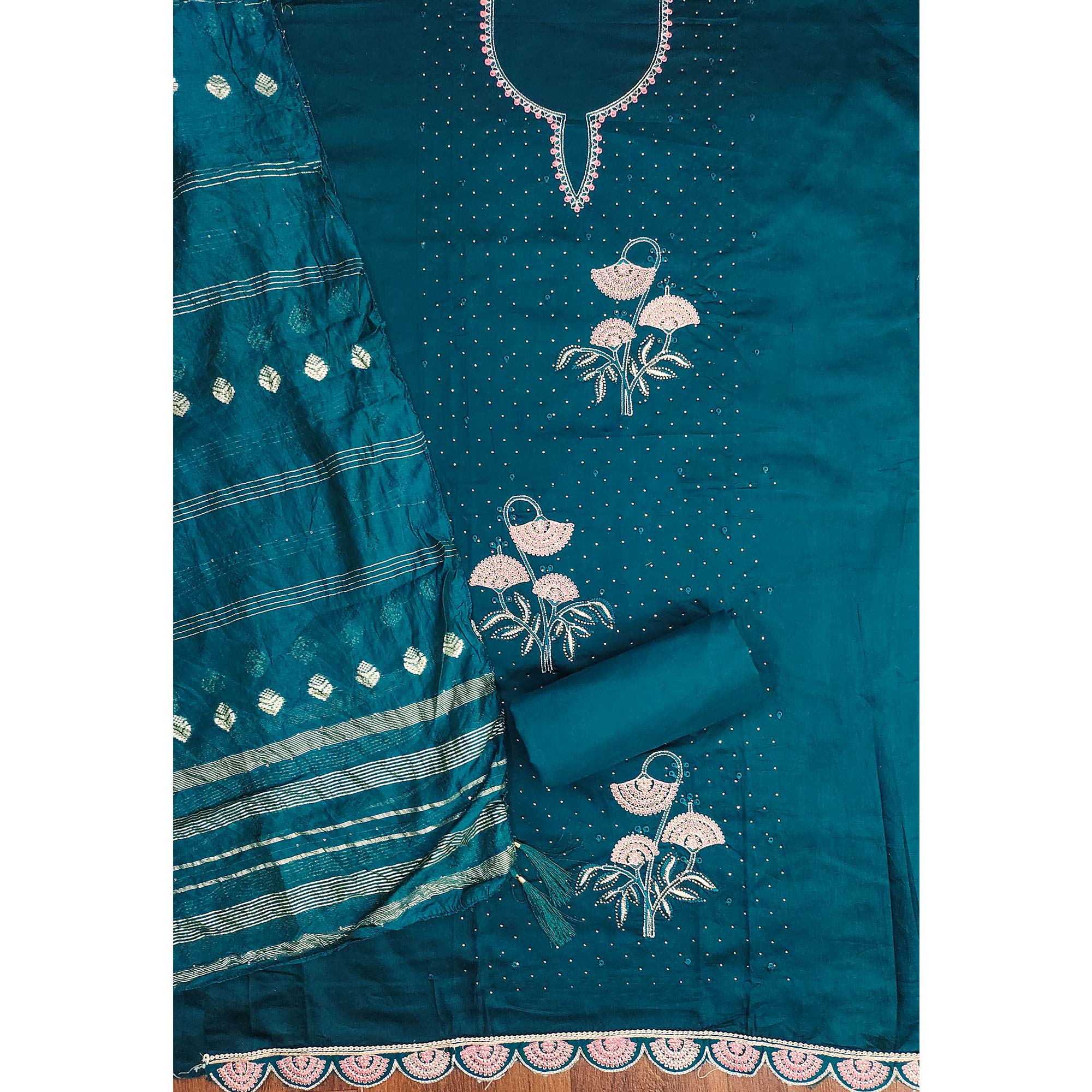 Teal Dress Material in Cotton Blend with Delicate Embroidery Work
