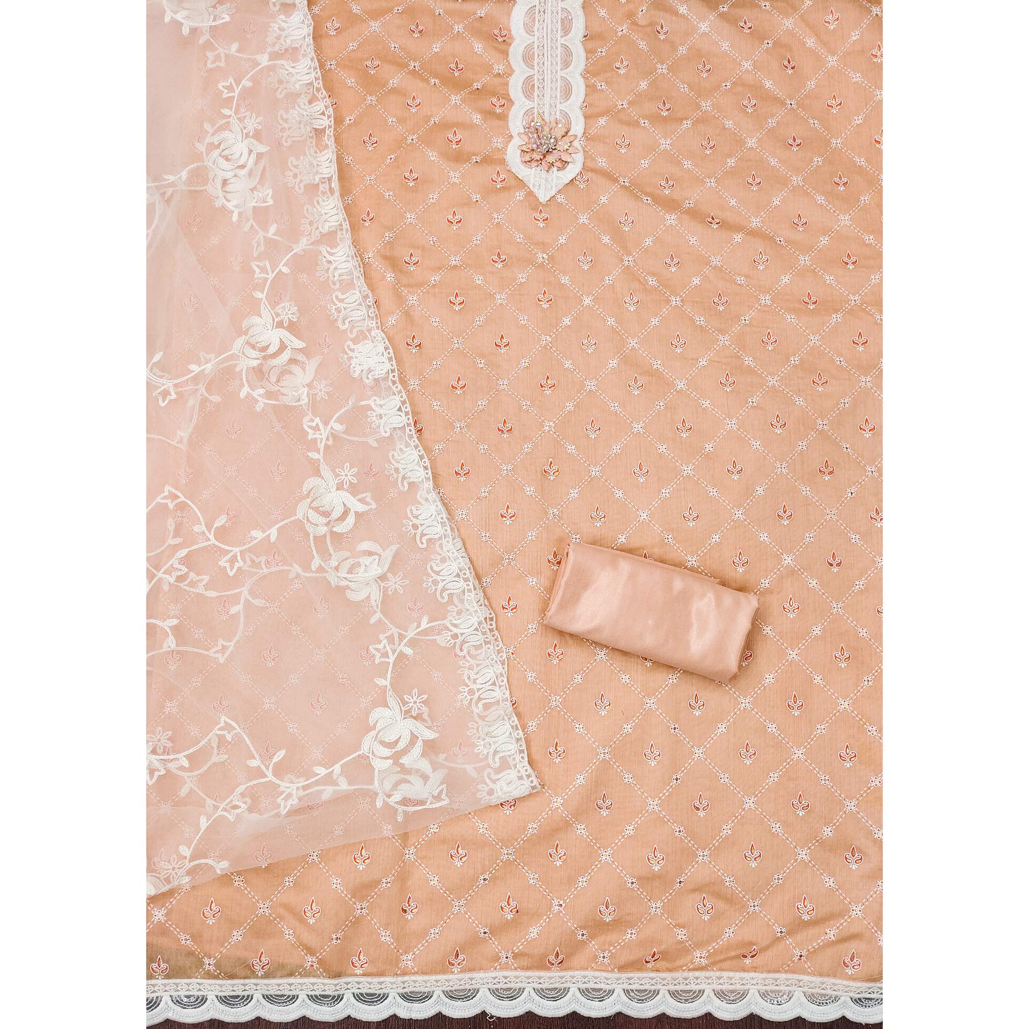 Light Orange Unstitched Dress Material Featuring Fine Floral Embroidery on Chanderi Silk