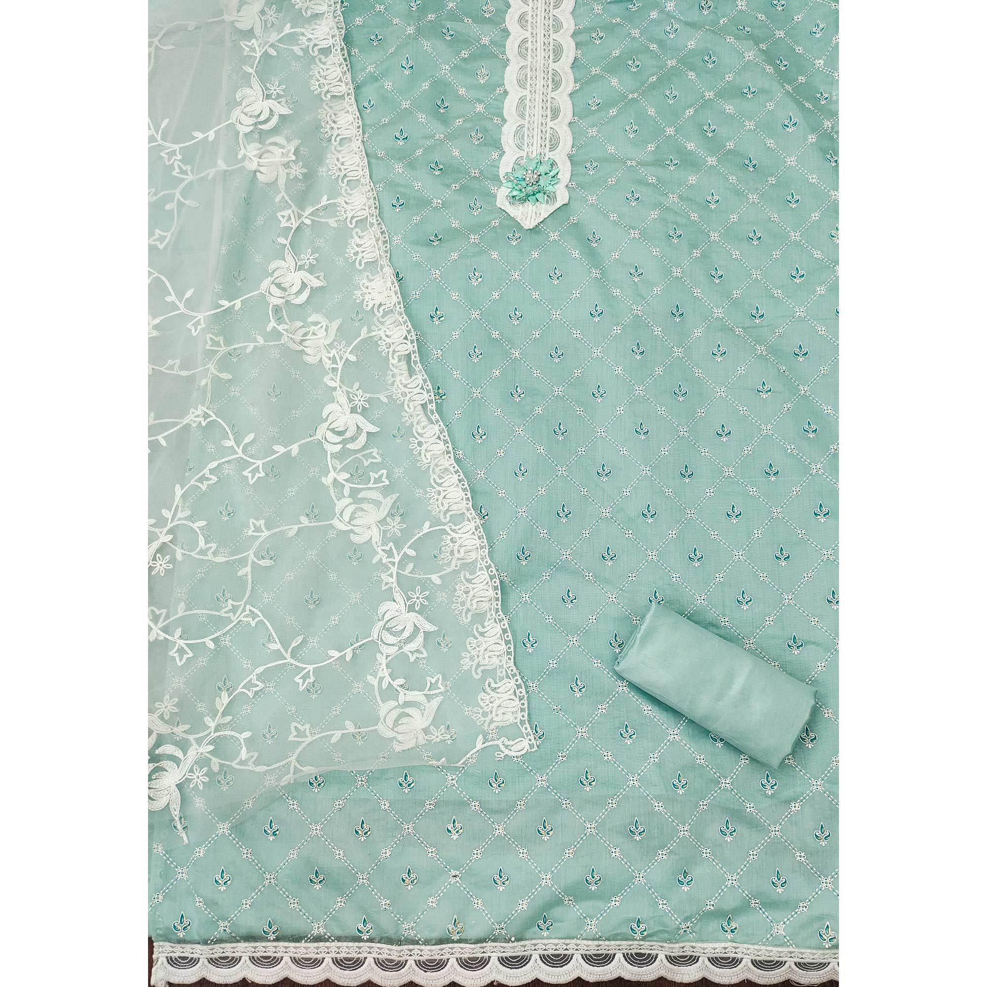 Sea Green Unstitched Dress Material Featuring Fine Floral Embroidery on Chanderi Silk