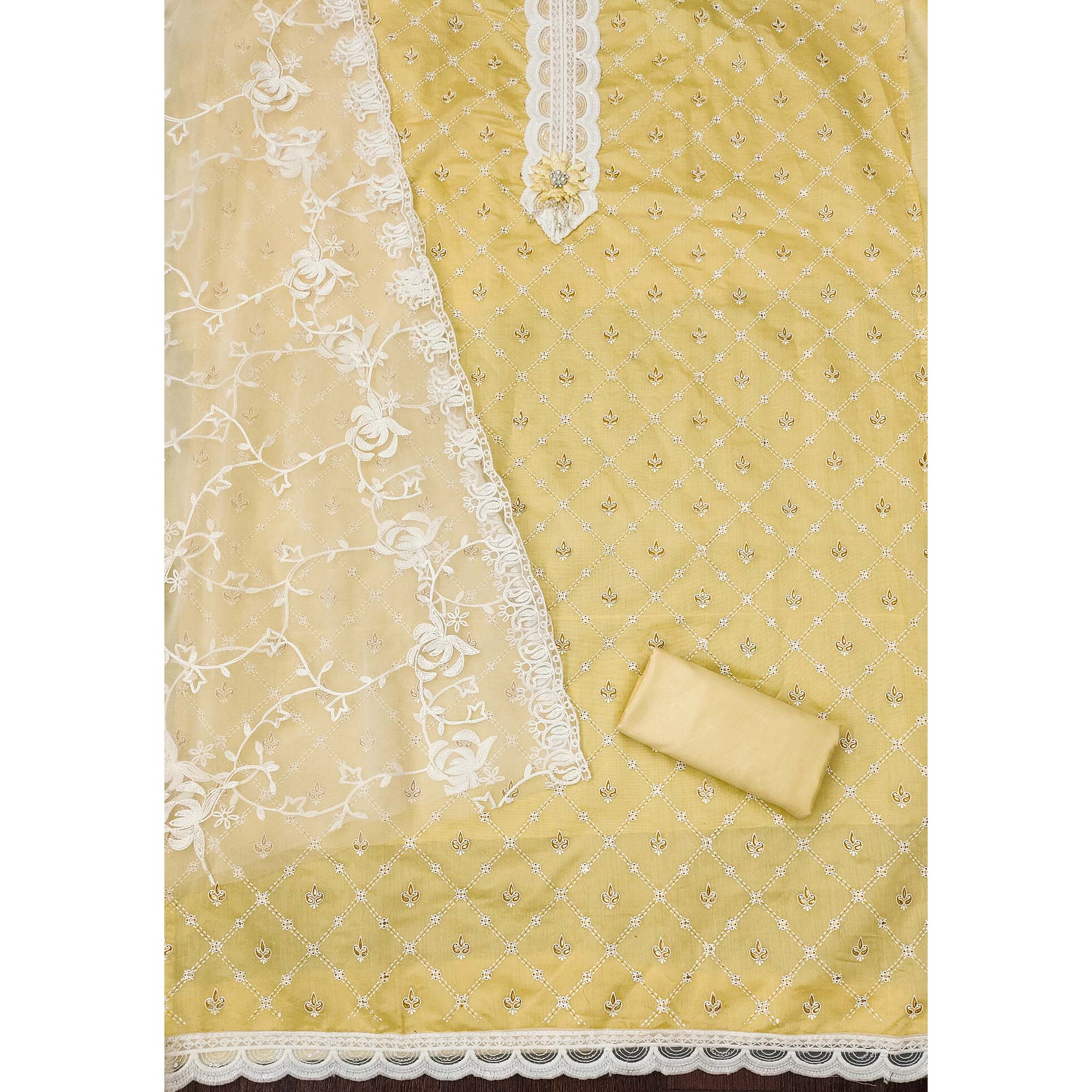 Yellow Unstitched Dress Material Featuring Fine Floral Embroidery on Chanderi Silk