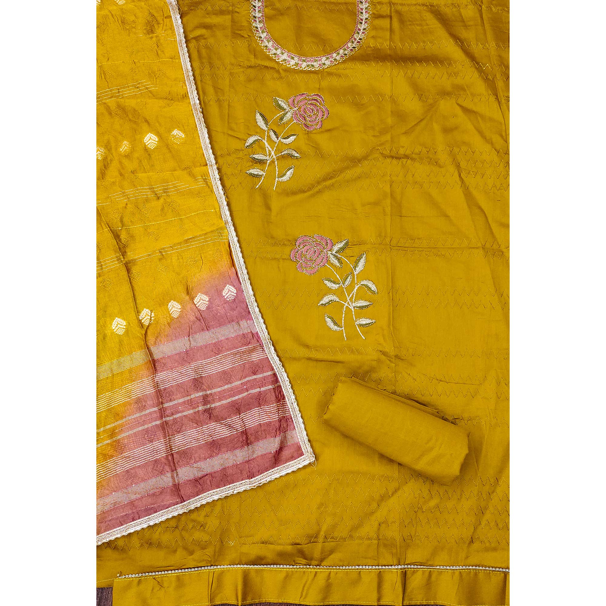 Mustard Suit Material in Cotton Blend with Beautifully Embroidered Floral Patterns