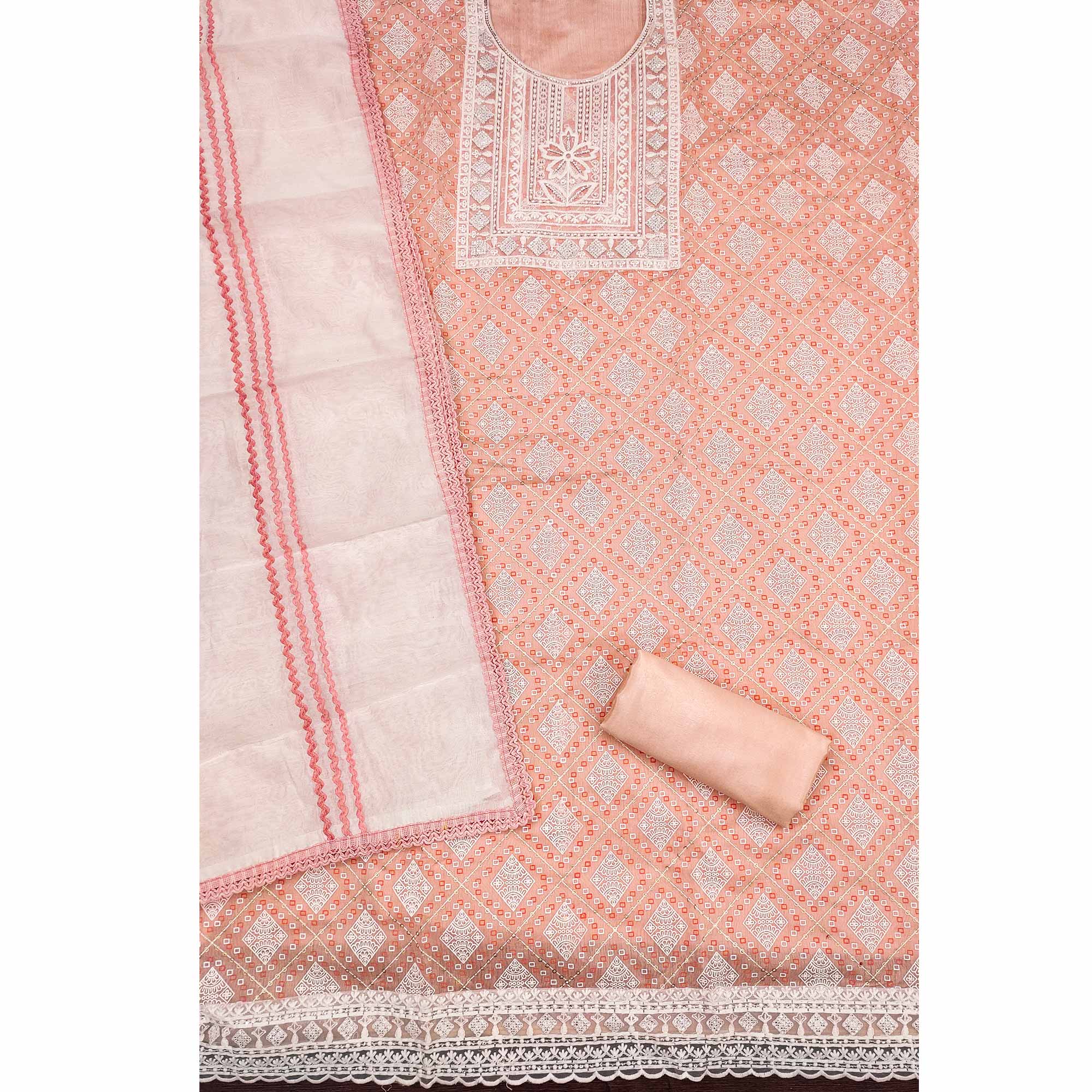 Light Orange Chanderi Silk Suit Fabric with Embroidered Highlights and Artistic Geometric Prints