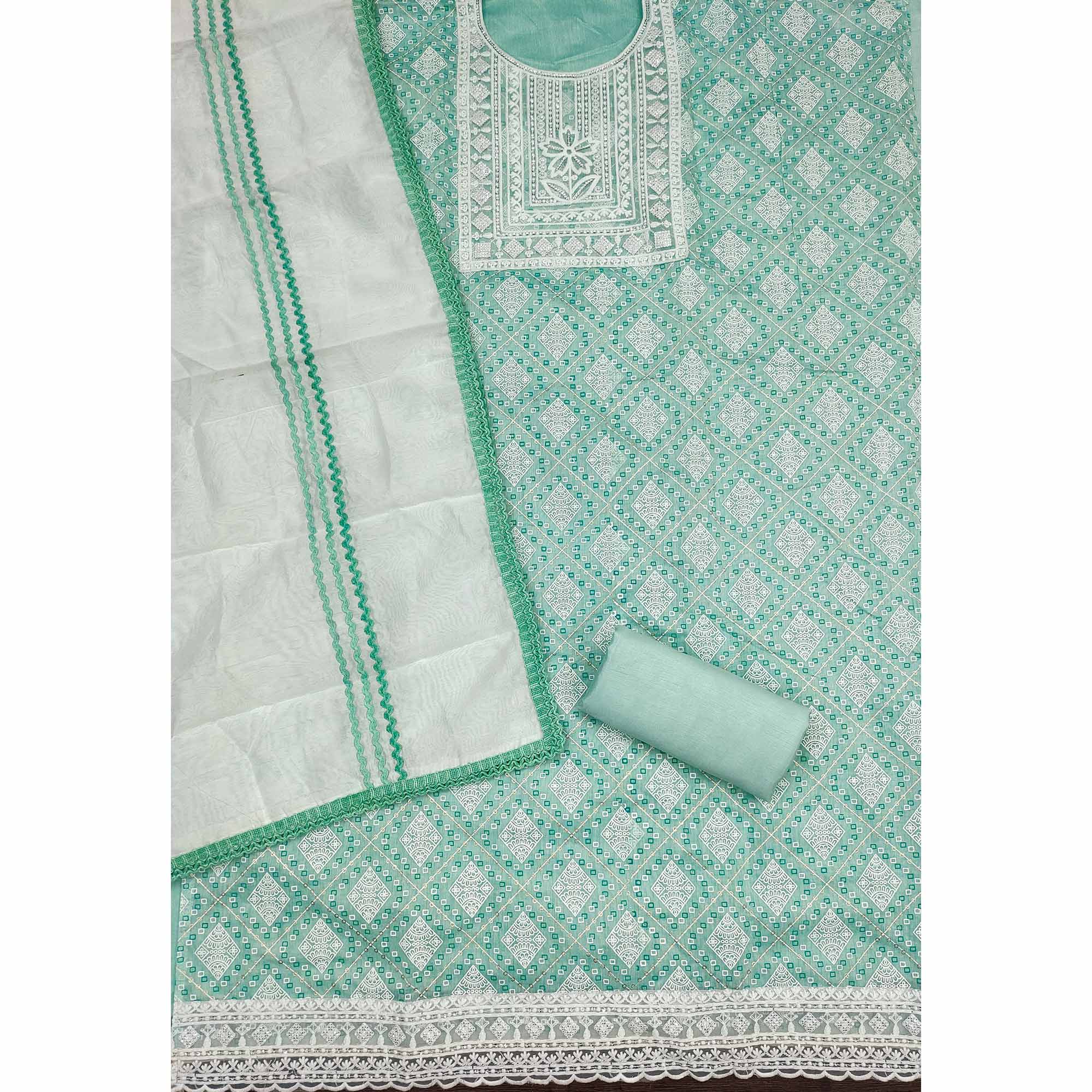 Sea Green Chanderi Silk Suit Fabric with Embroidered Highlights and Artistic Geometric Prints