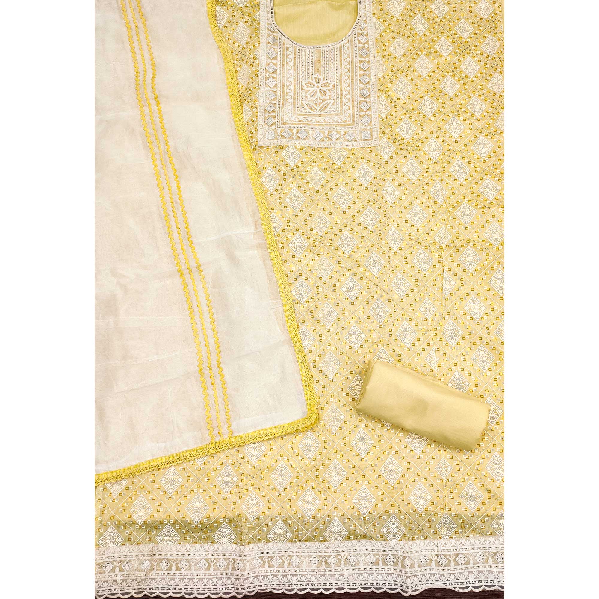 Yellow Chanderi Silk Suit Fabric with Embroidered Highlights and Artistic Geometric Prints