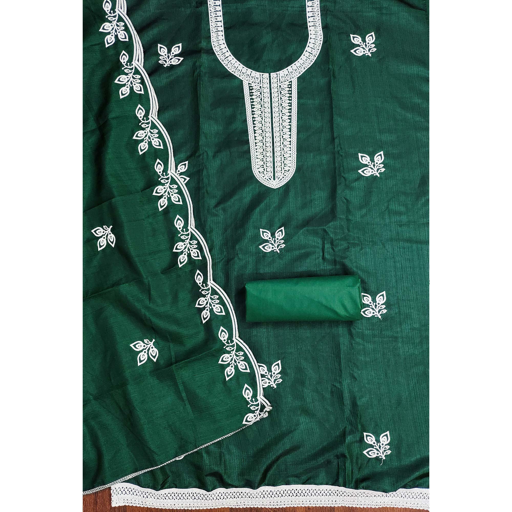 Green Intricate Floral Embroidered Cotton Blend Dress Material