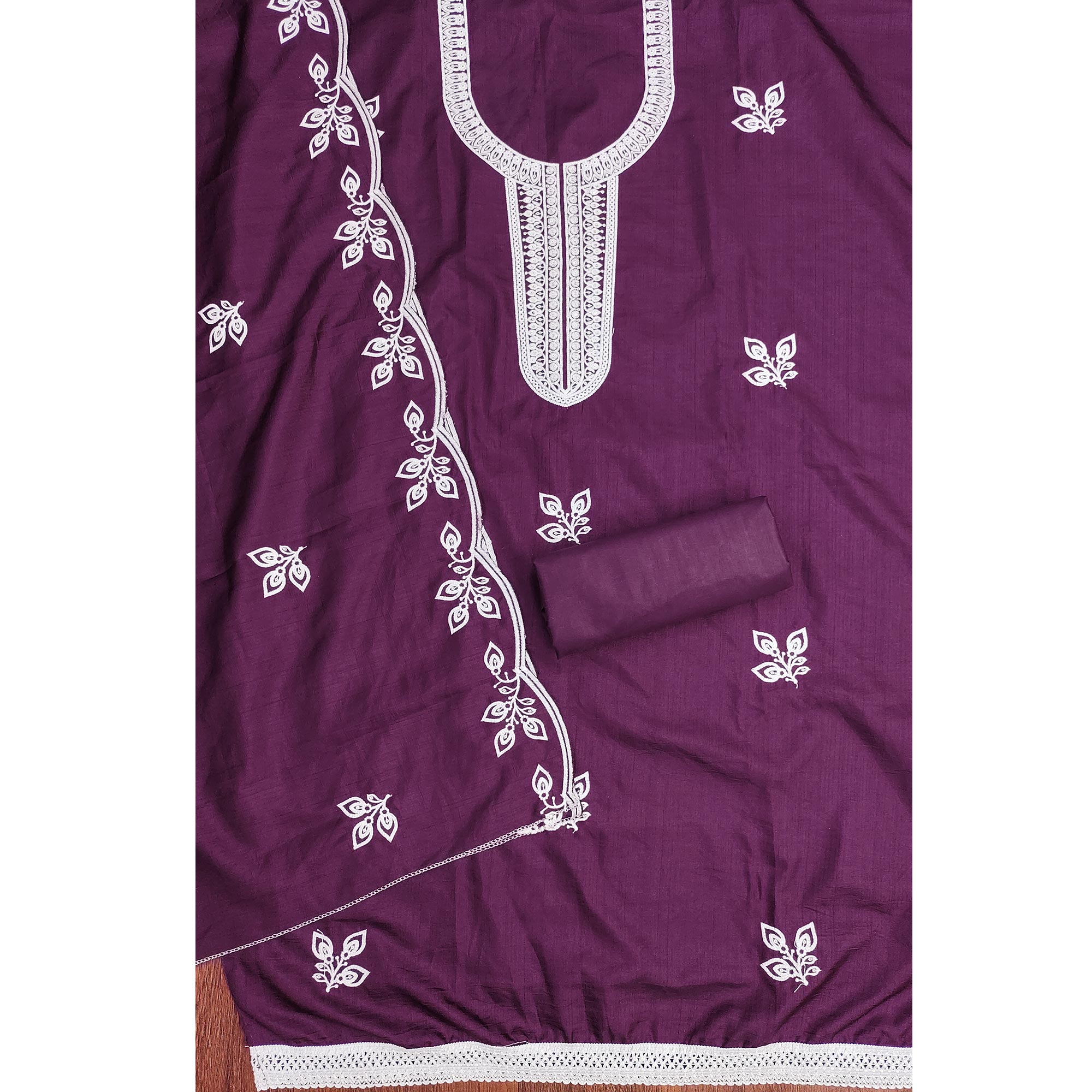 Purple Intricate Floral Embroidered Cotton Blend Dress Material