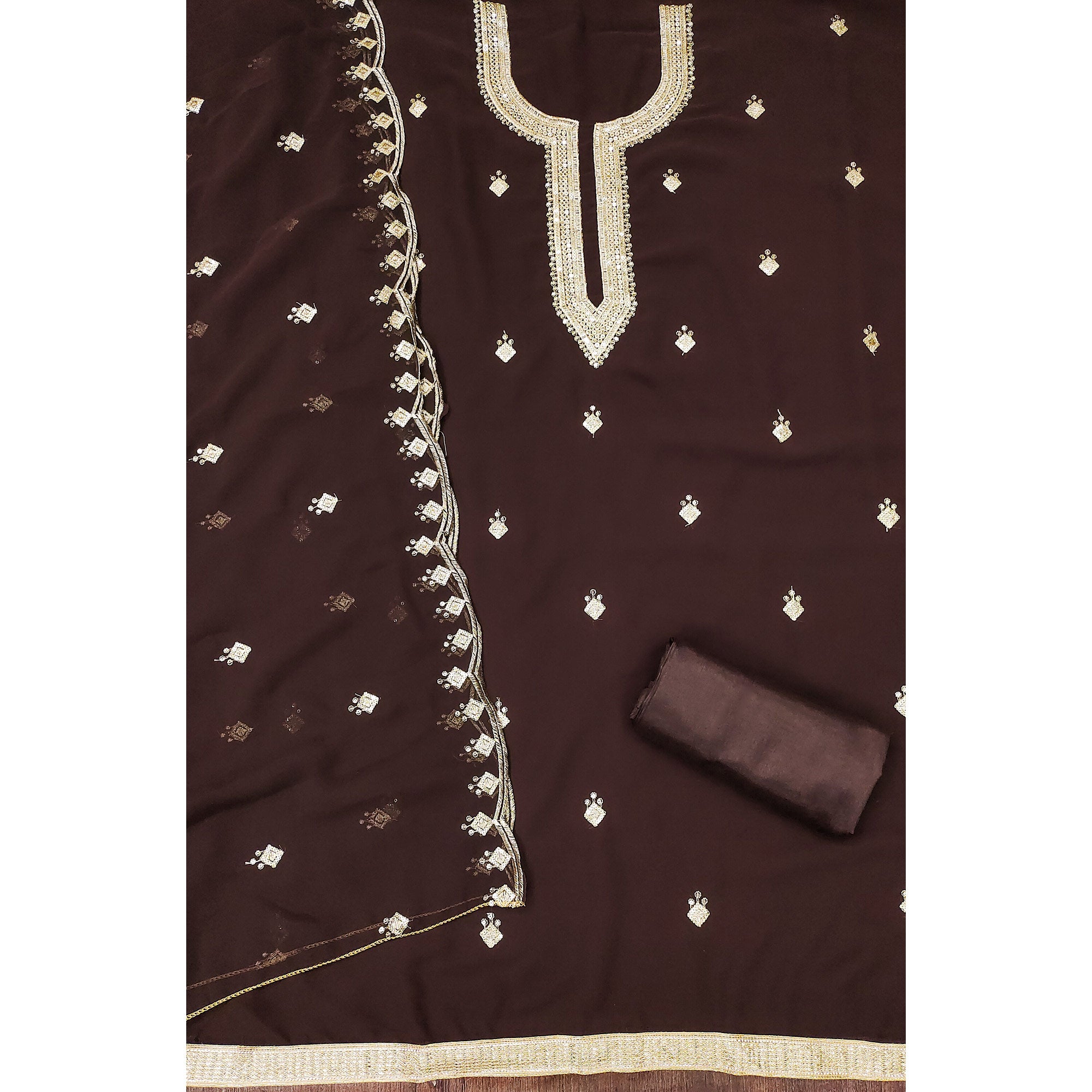 Rich Dark Brown Georgette Dress Material With Dazzling Sequins Embroidery