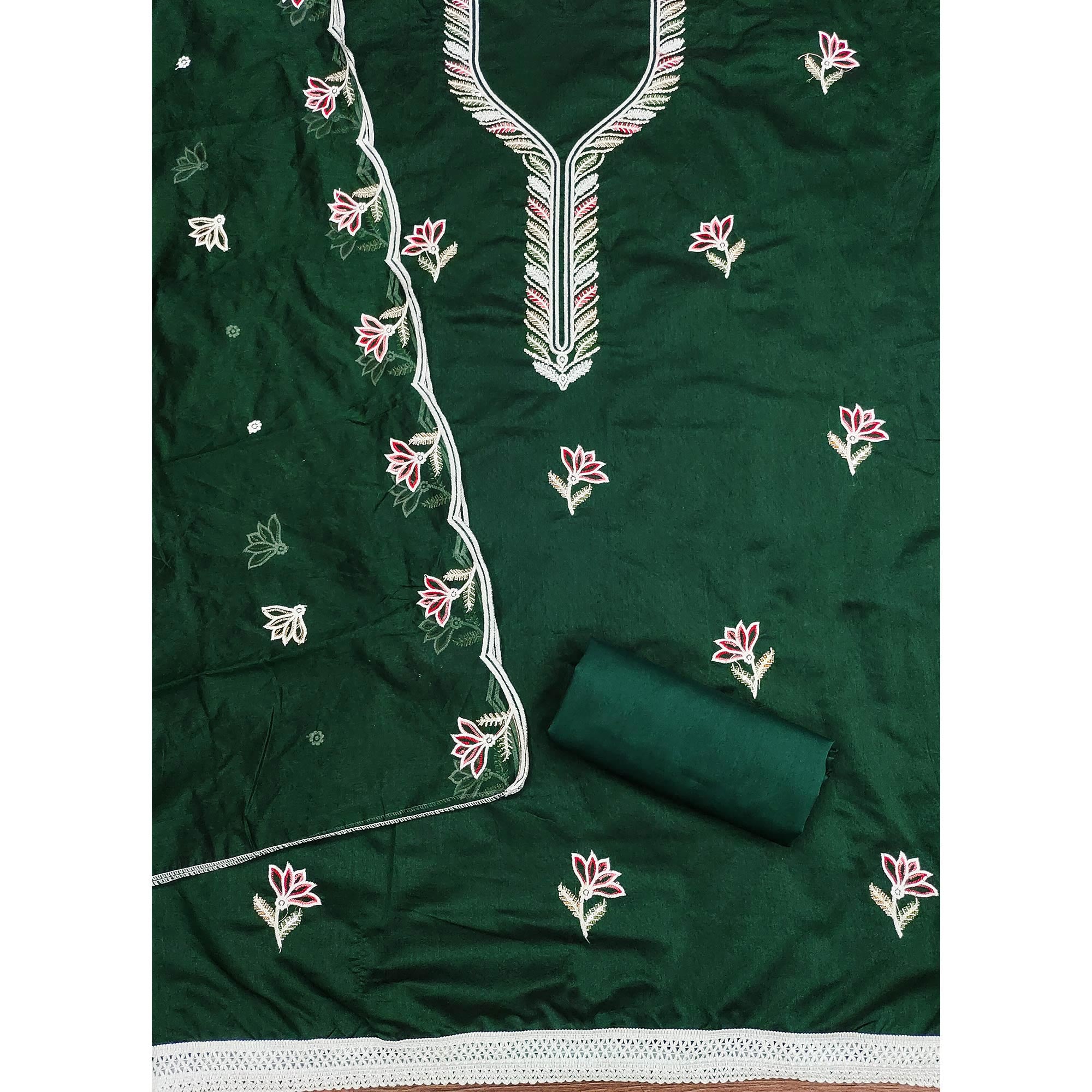 Elegant Green Chanderi Cotton Dress Material With Floral Thread Embroidery & Sequins Work