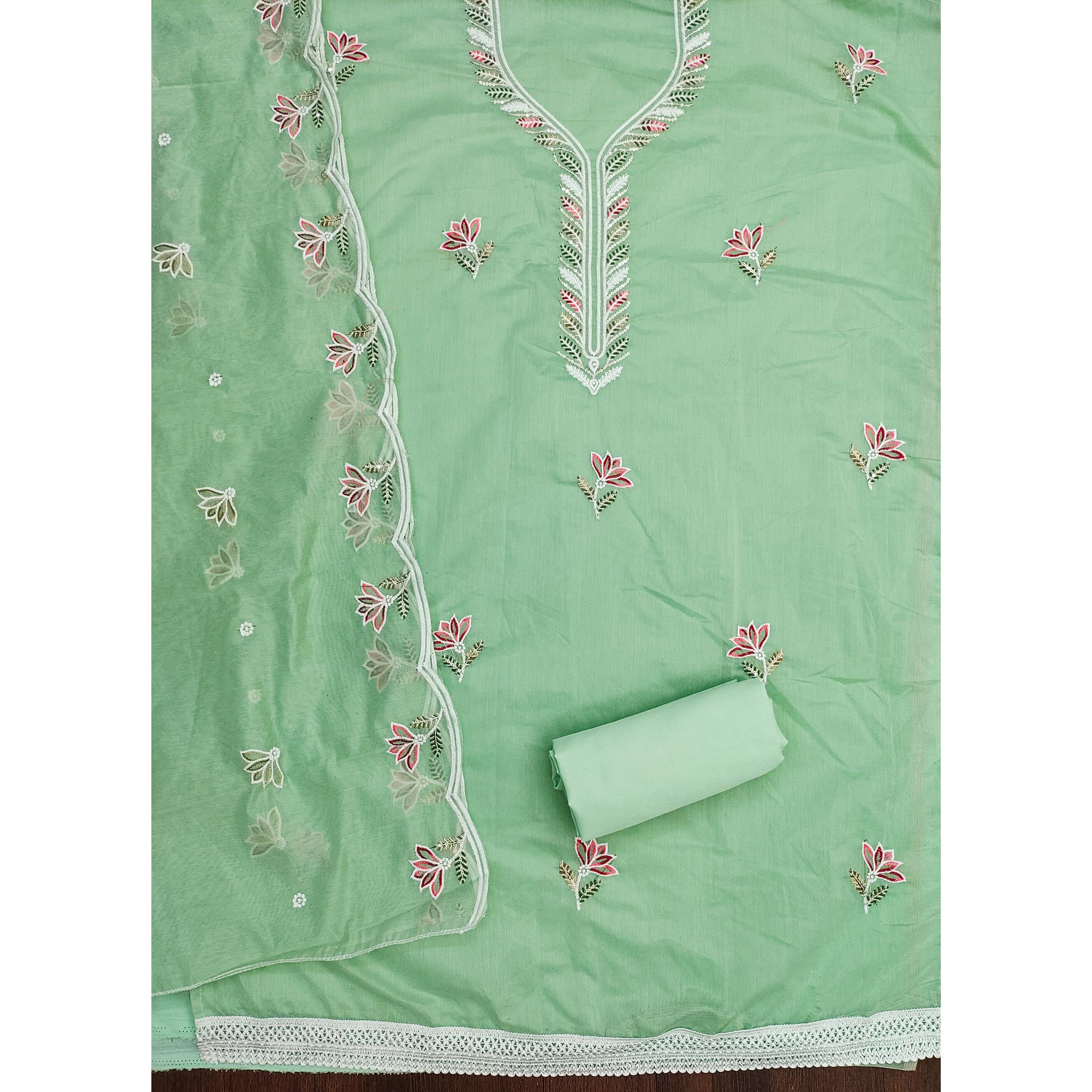 Rich Mint Green Chanderi Cotton Dress Material With Exquisite Floral Thread Embroidery & Sequins